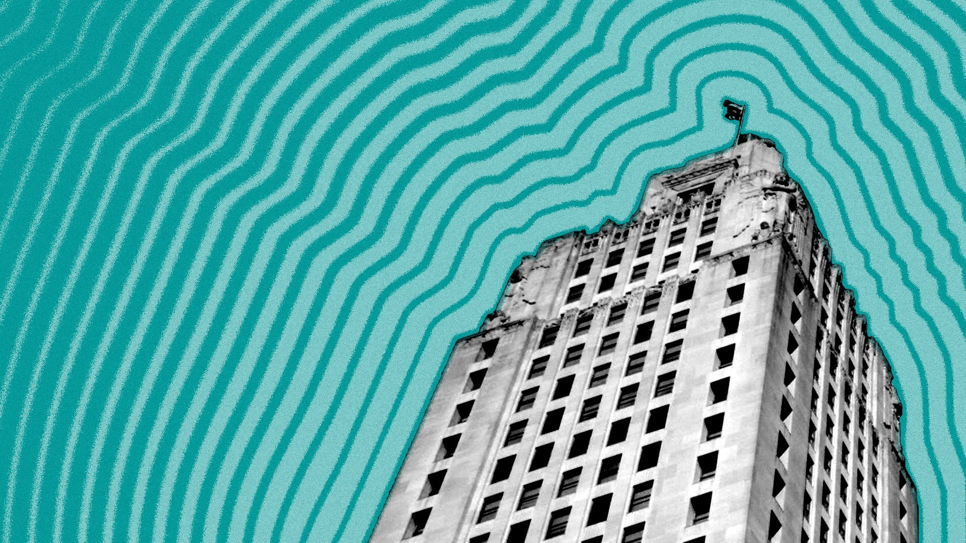 Illustration of the Louisiana State Capitol building with lines radiating from it. 