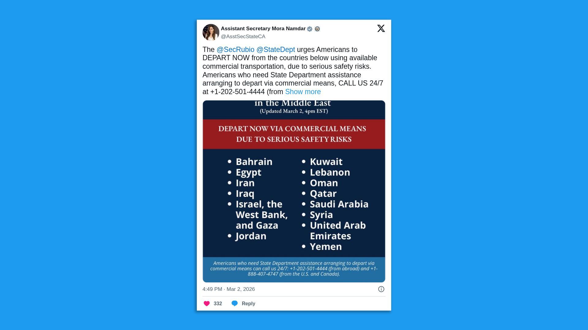 Twitter post from Assistant Secretary Mora Namdar urging Americans to depart Middle East countries now due to serious safety risks, listing 14 countries and providing State Dept contact numbers.