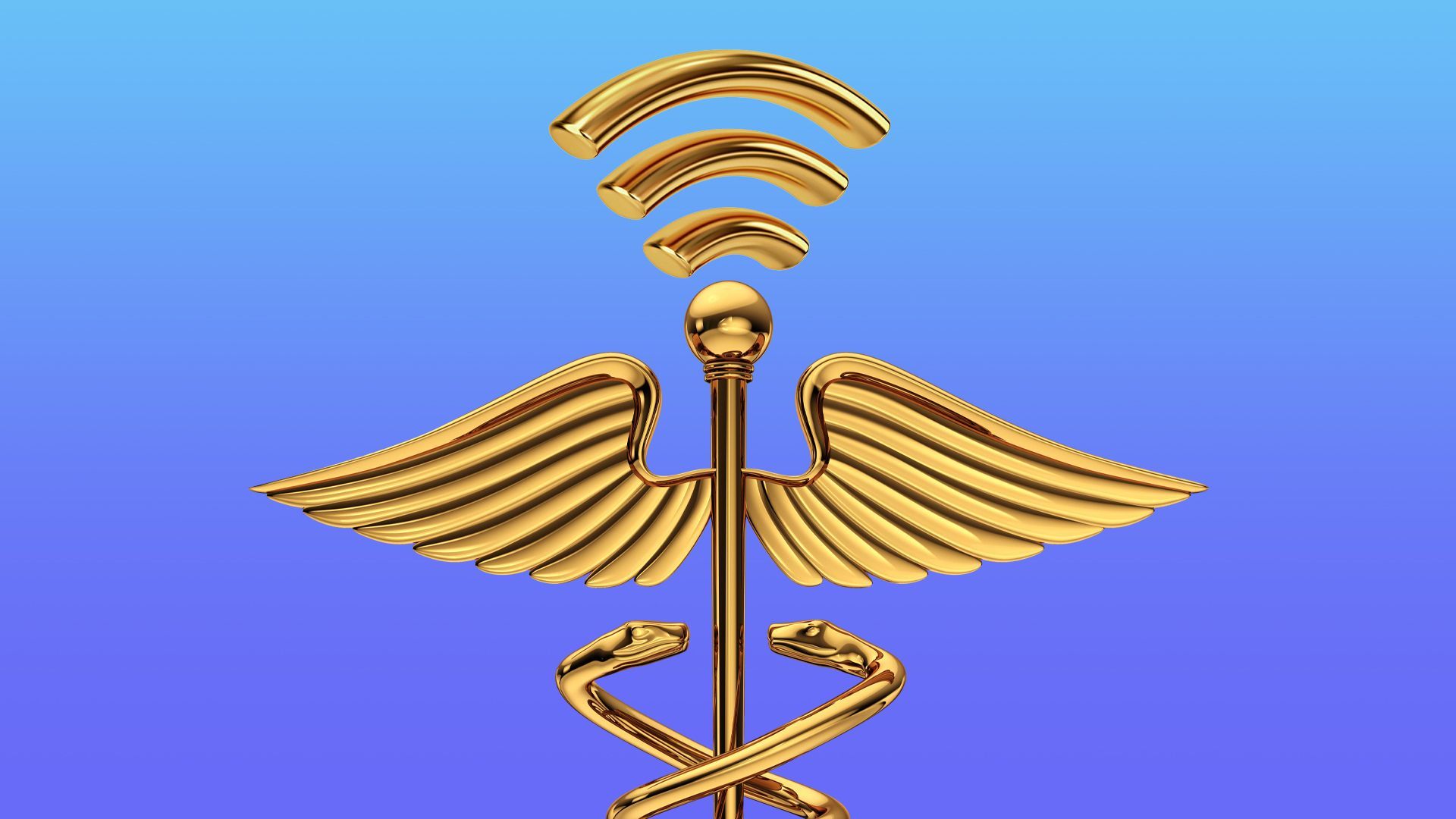 Illustration of a golden caduceus with wifi extending from the top of it