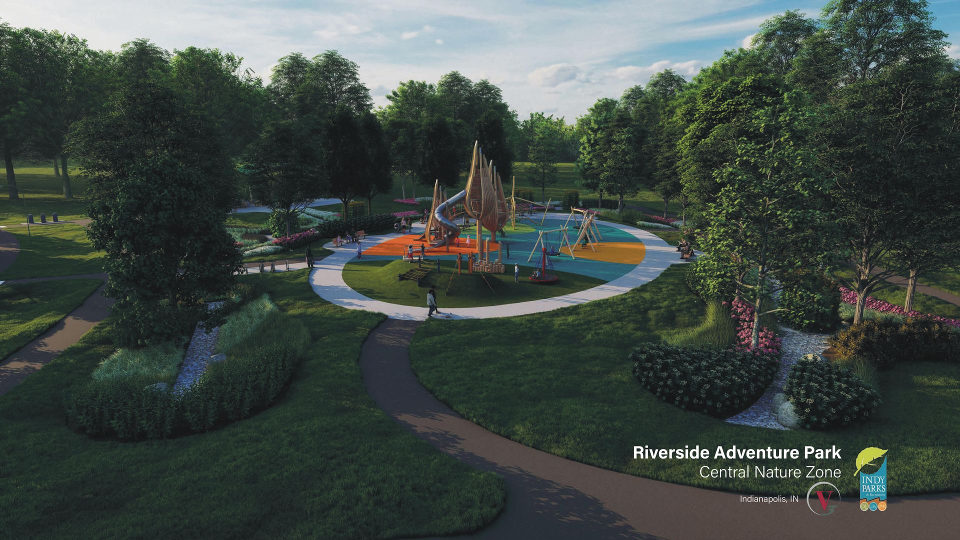 A rendering of a park and playground