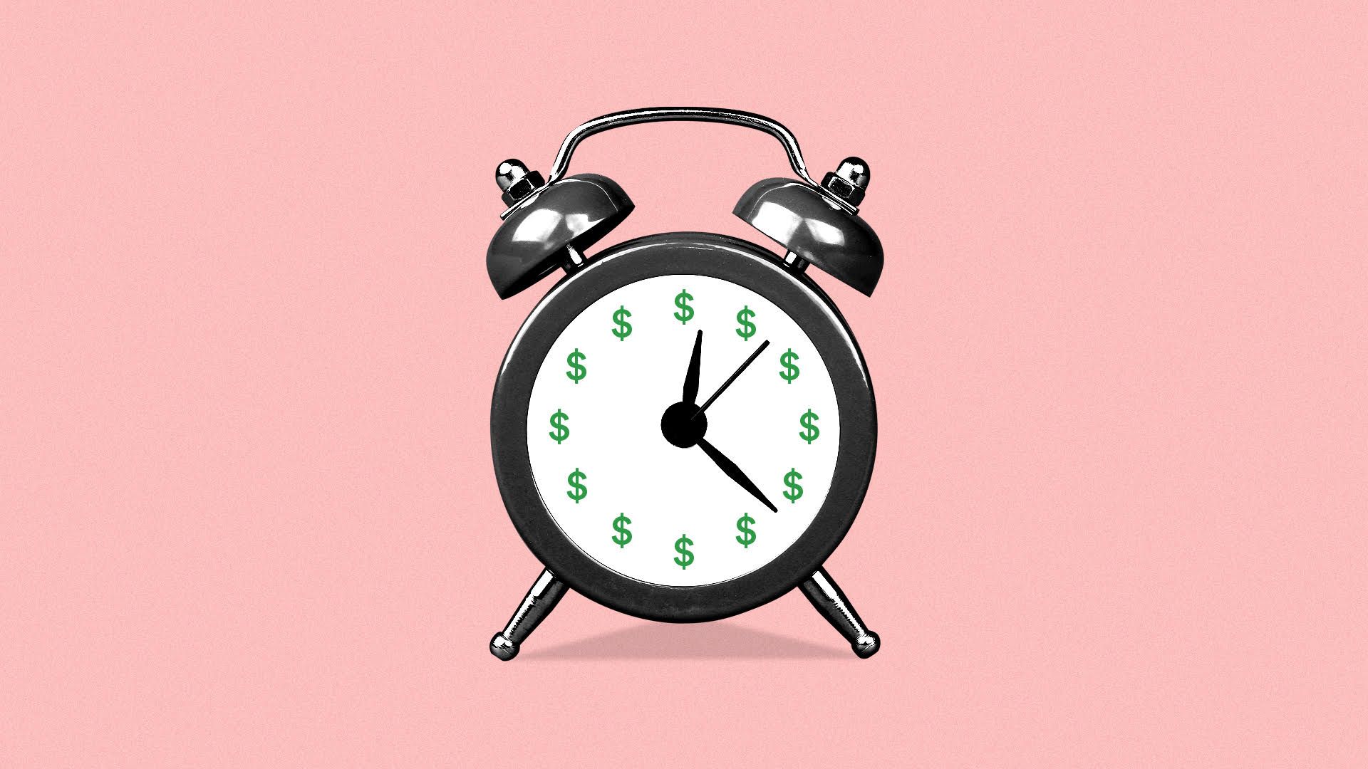 Illustration of clock with dollar signs instead of numbers.