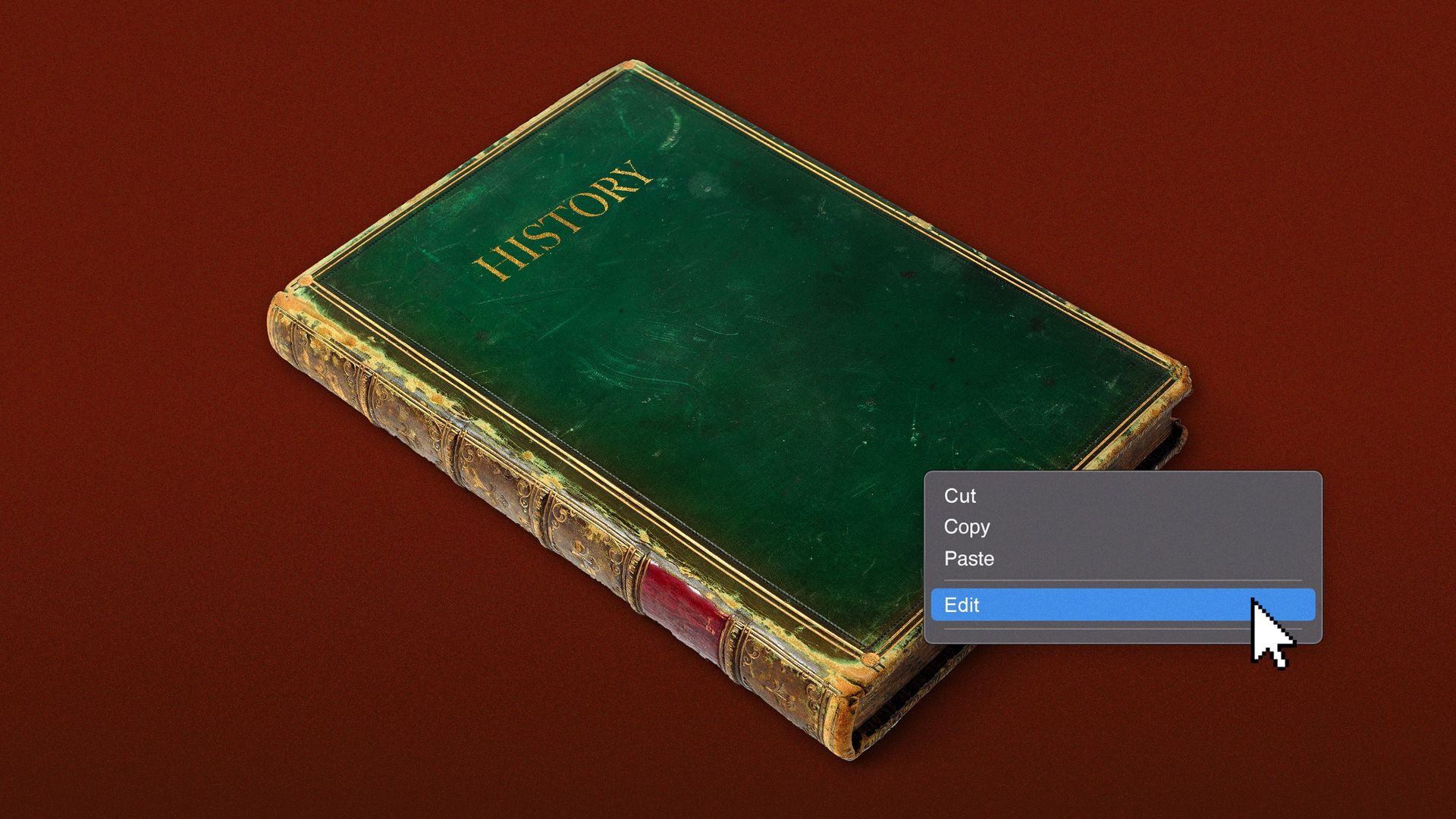 Illustration of a cursor hovering over a history book, about to click "Edit" from a drop down menu.