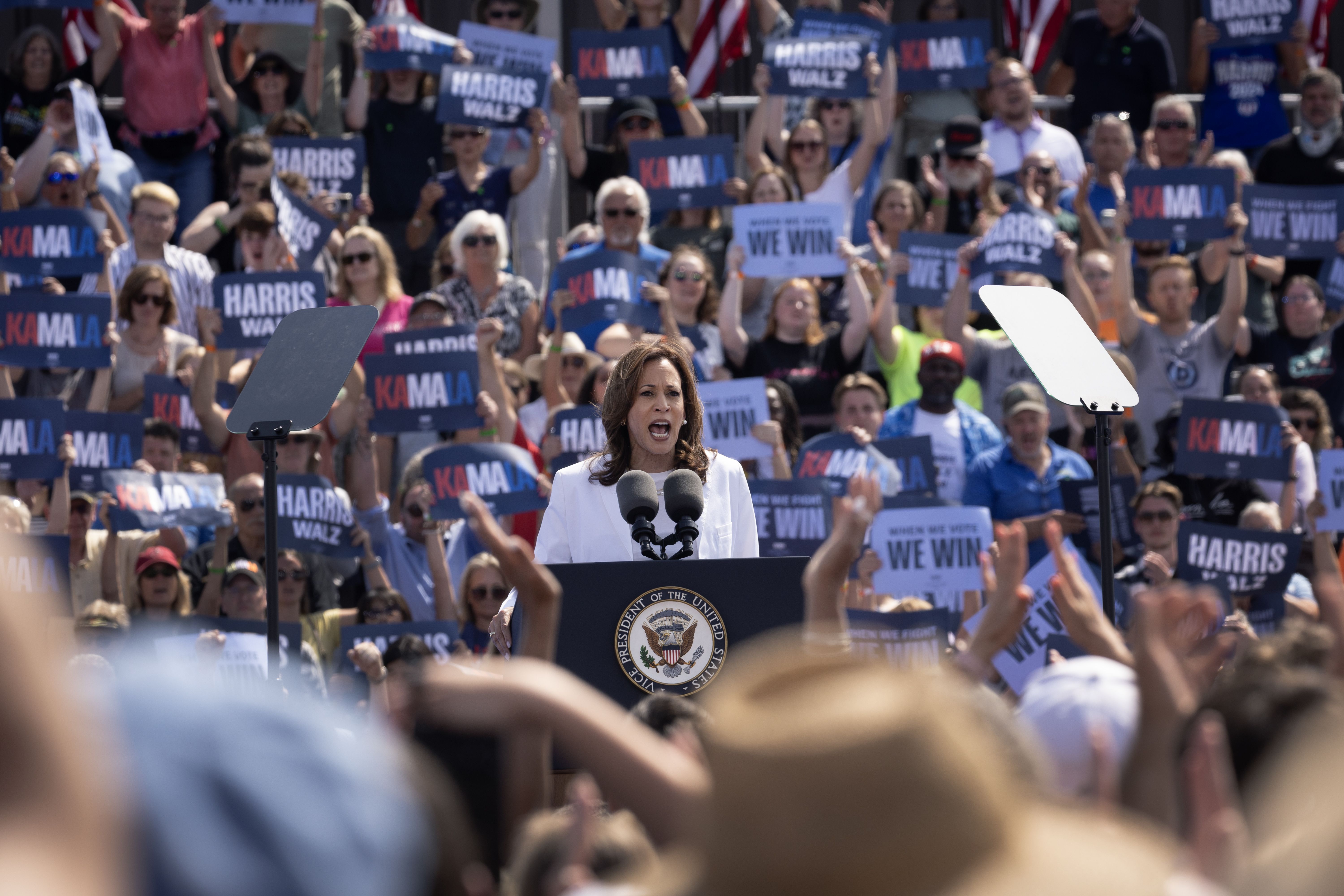 Democratic presidential candidate Vice President Kamala Harris speaks at a campaign rally August 7, 2024 in Eau Claire, Wisconsin.