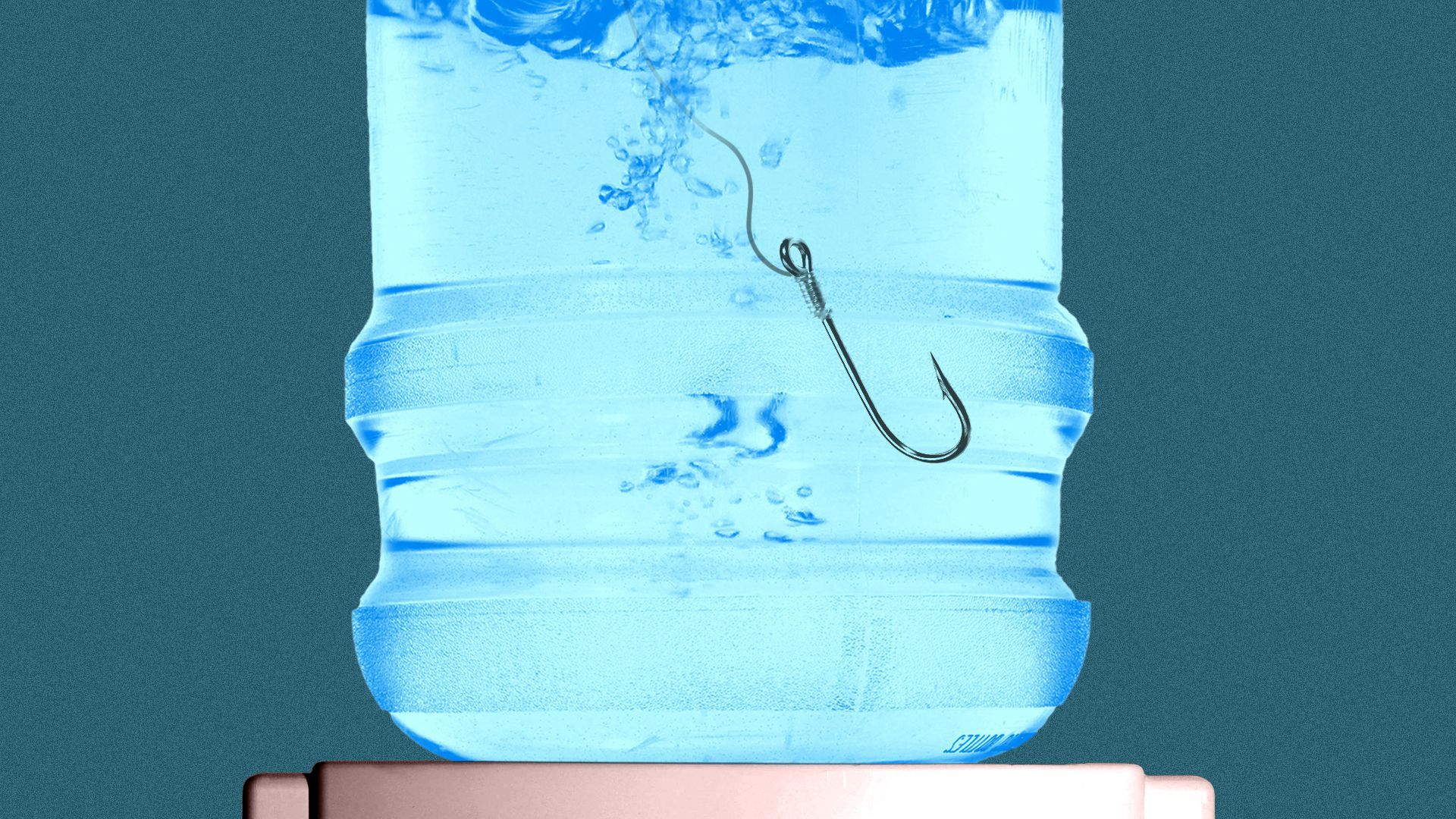 Illustration of a water cooler with a fishing hook dropping into it.