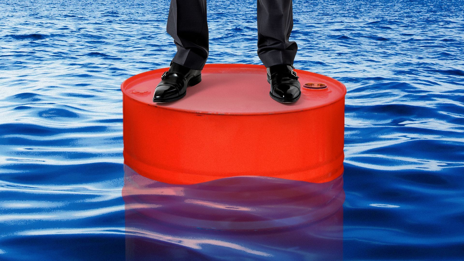Illustration of a man standing on top of an oil barrel with water rising all around. 