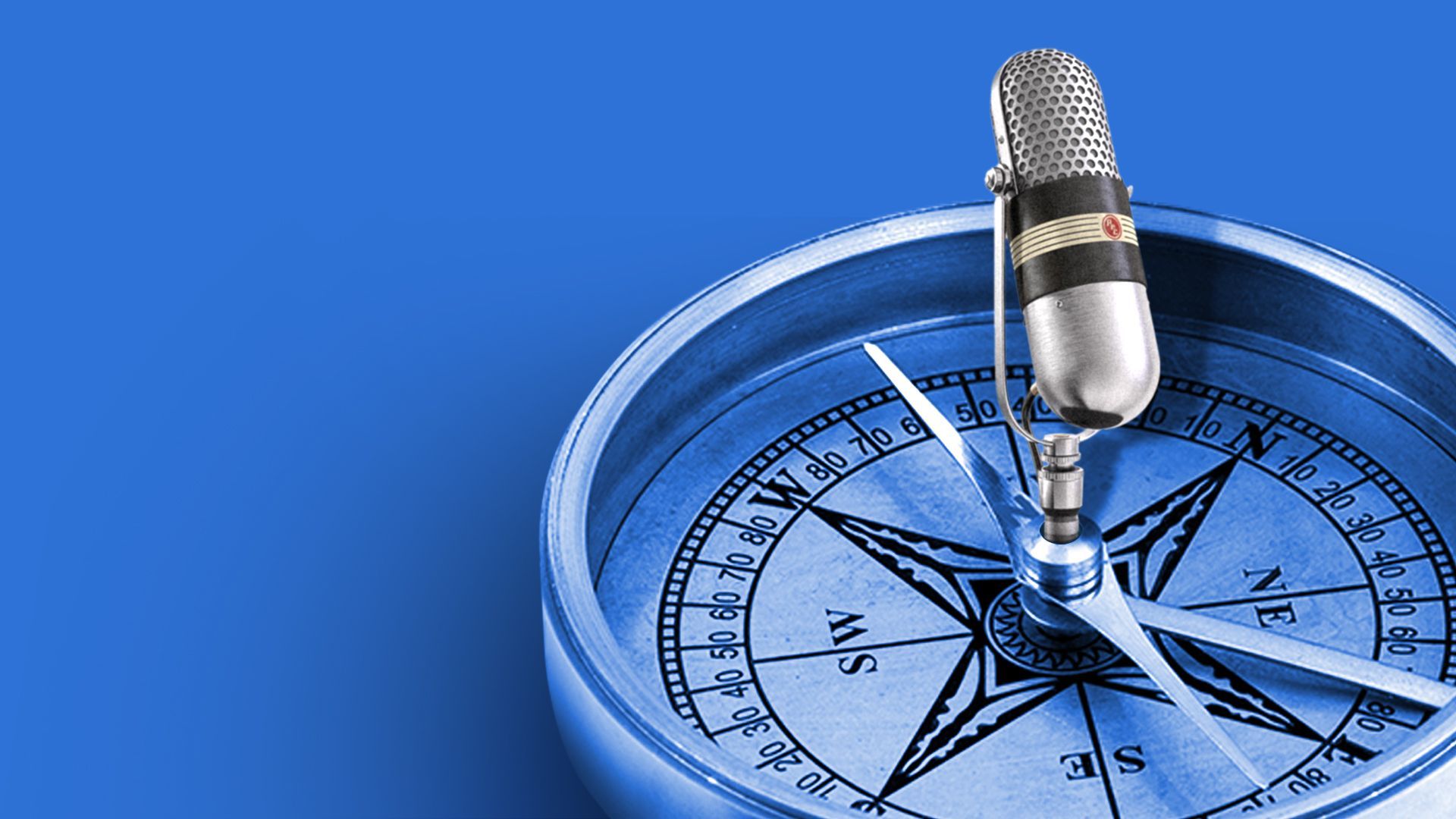 Illustration of a large compass with a microphone extending from the center