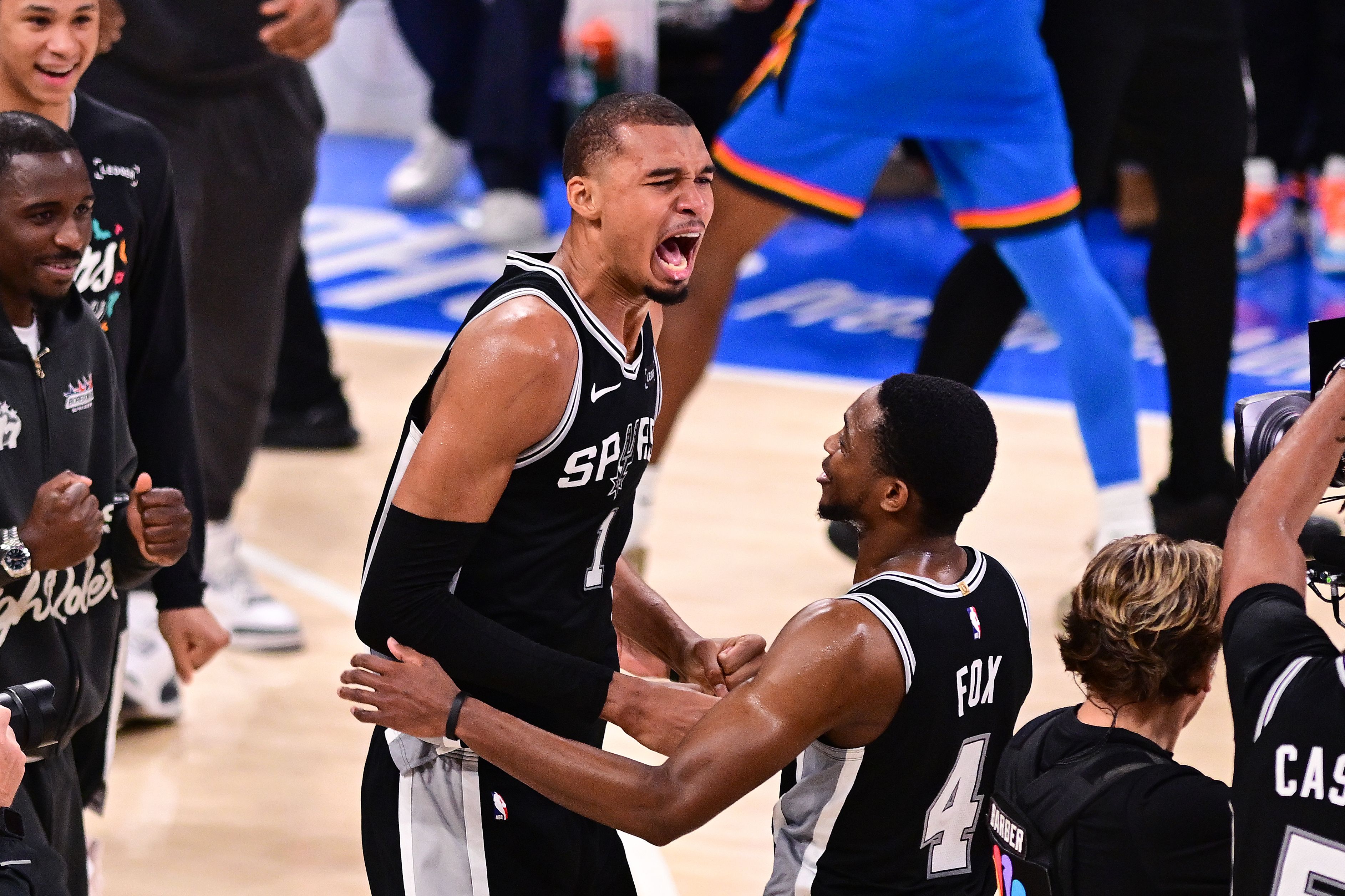 Victor Wembanyama of the San Antonio Spurs exults after beating the Oklahoma City Thunder to reach the NBA finals.