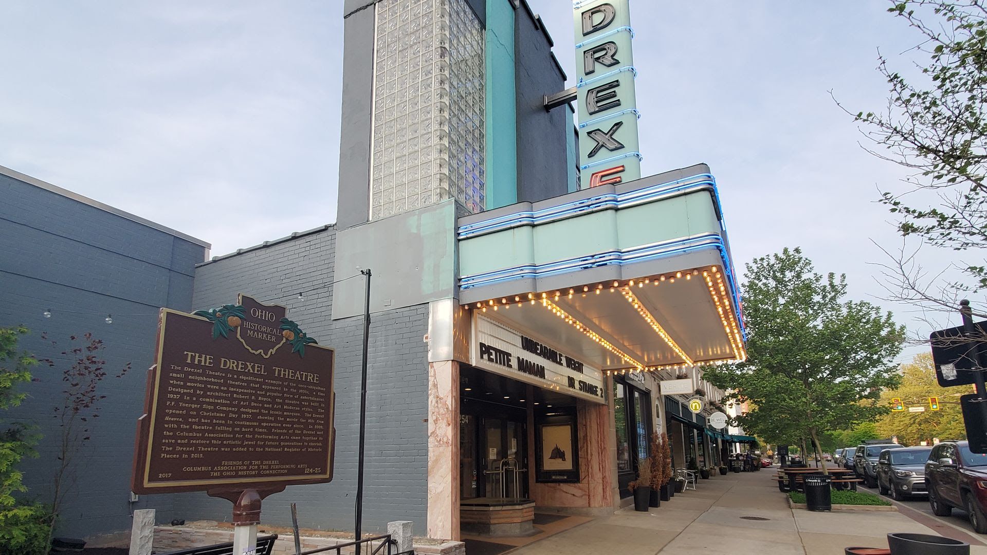 A historical marker for the Drexel Theatre.