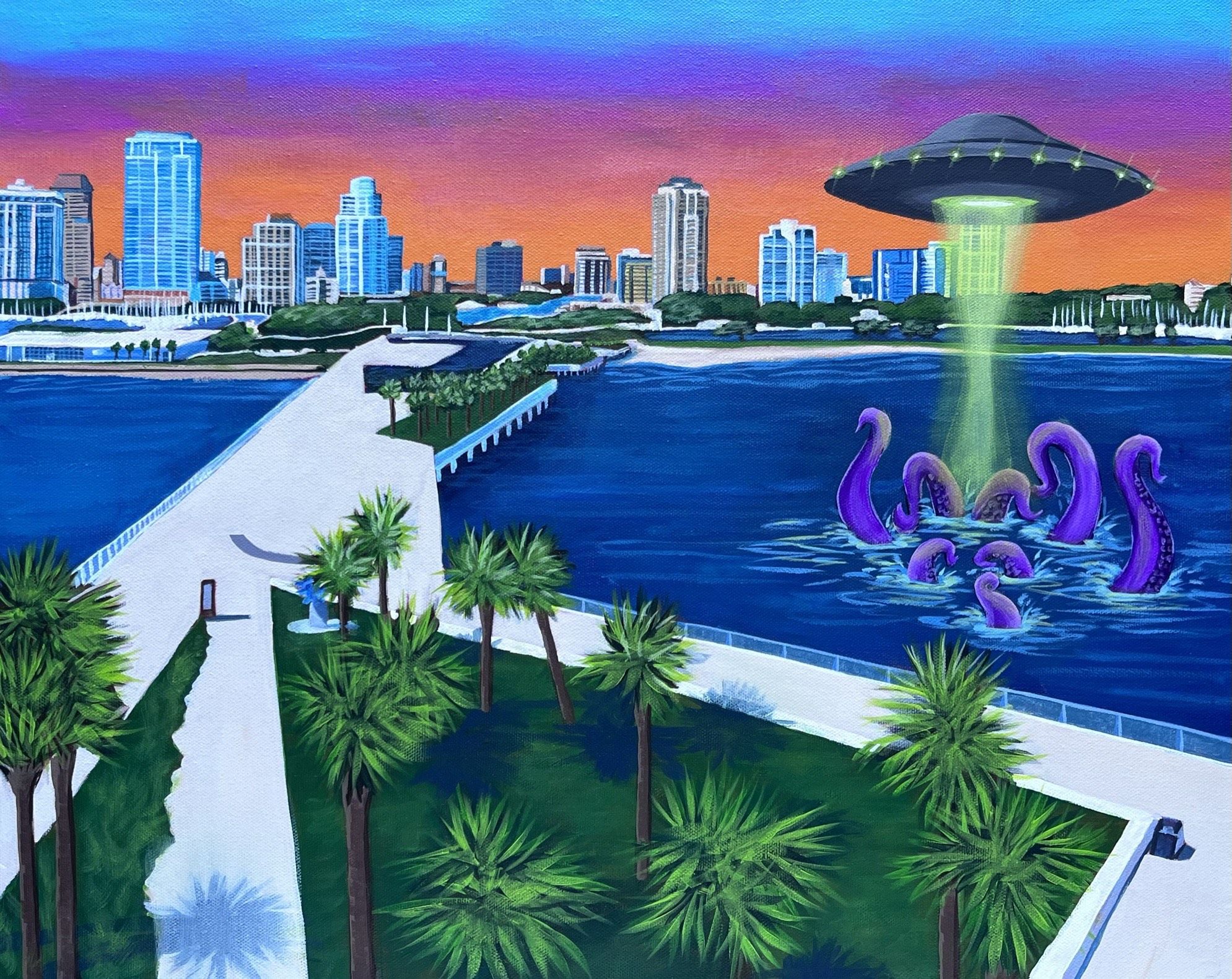 A painting of the St. Pete Pier and St. Petersburg skyline at sunset with purple tentacles curling out of the water and a flying saucer hovering overhead with a light beaming down.