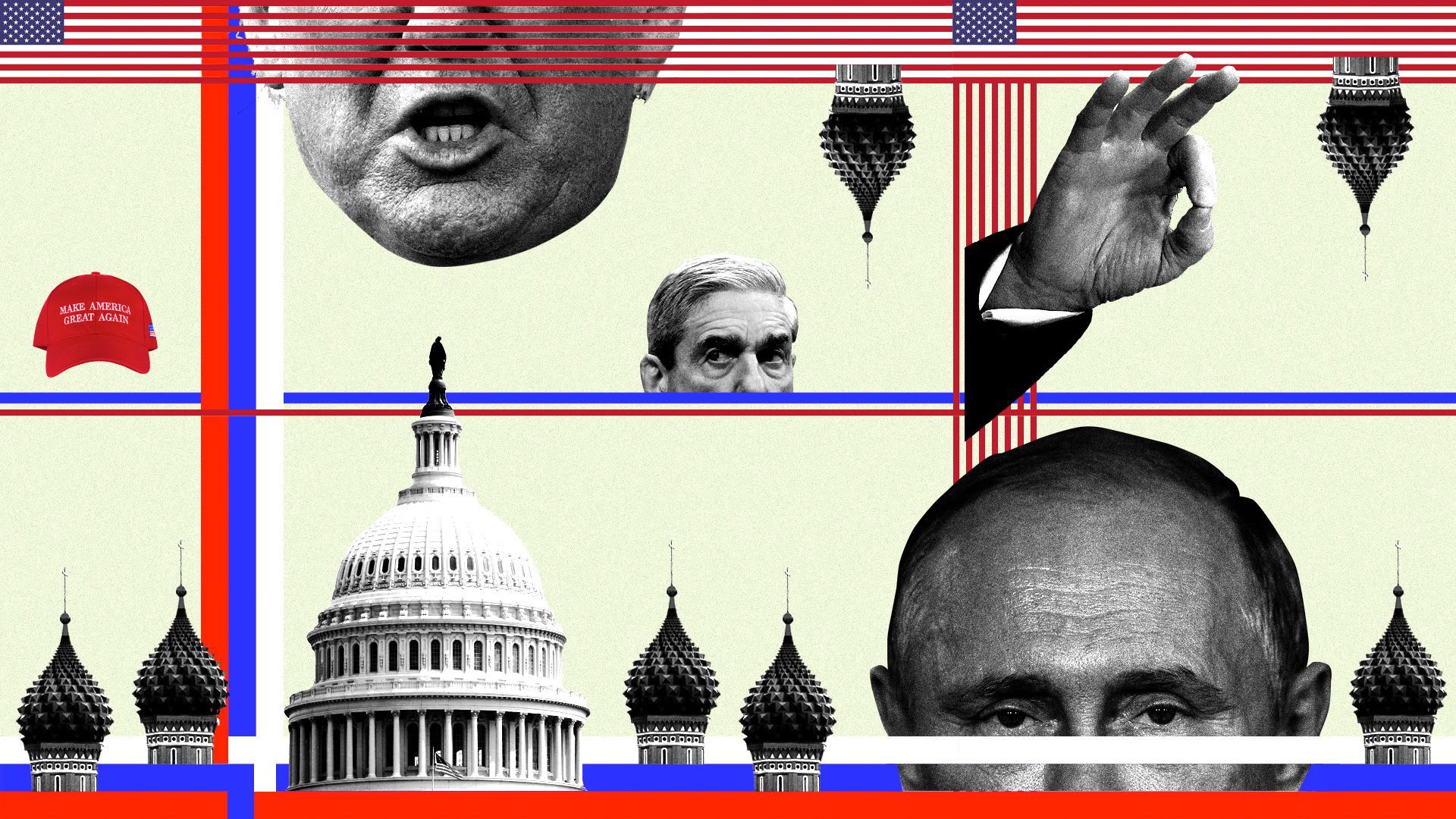 This illustration includes the faces of Trump, Mueller and Putin, in addition to to other stuff