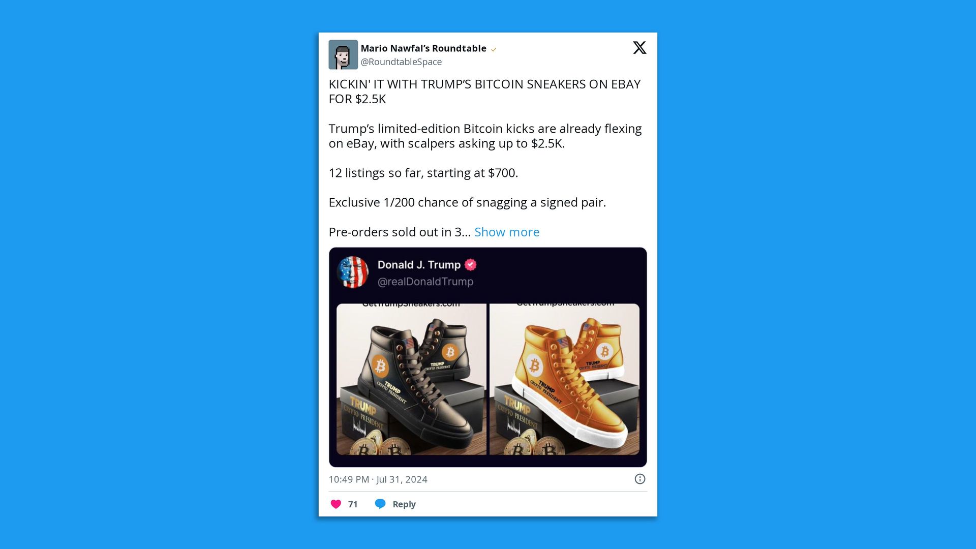 A tweet with images of Trump-branded bitcoin sneakers in black and orange