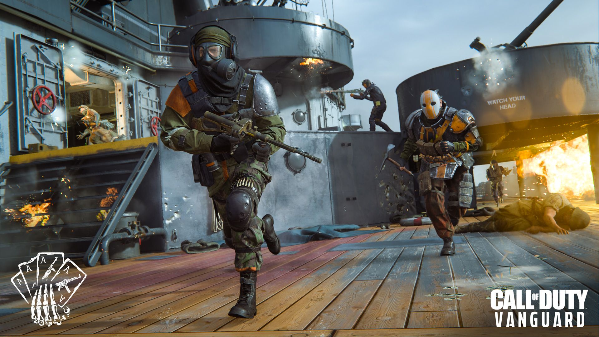 Video game screenshot of soldiers running on the deck of a warship