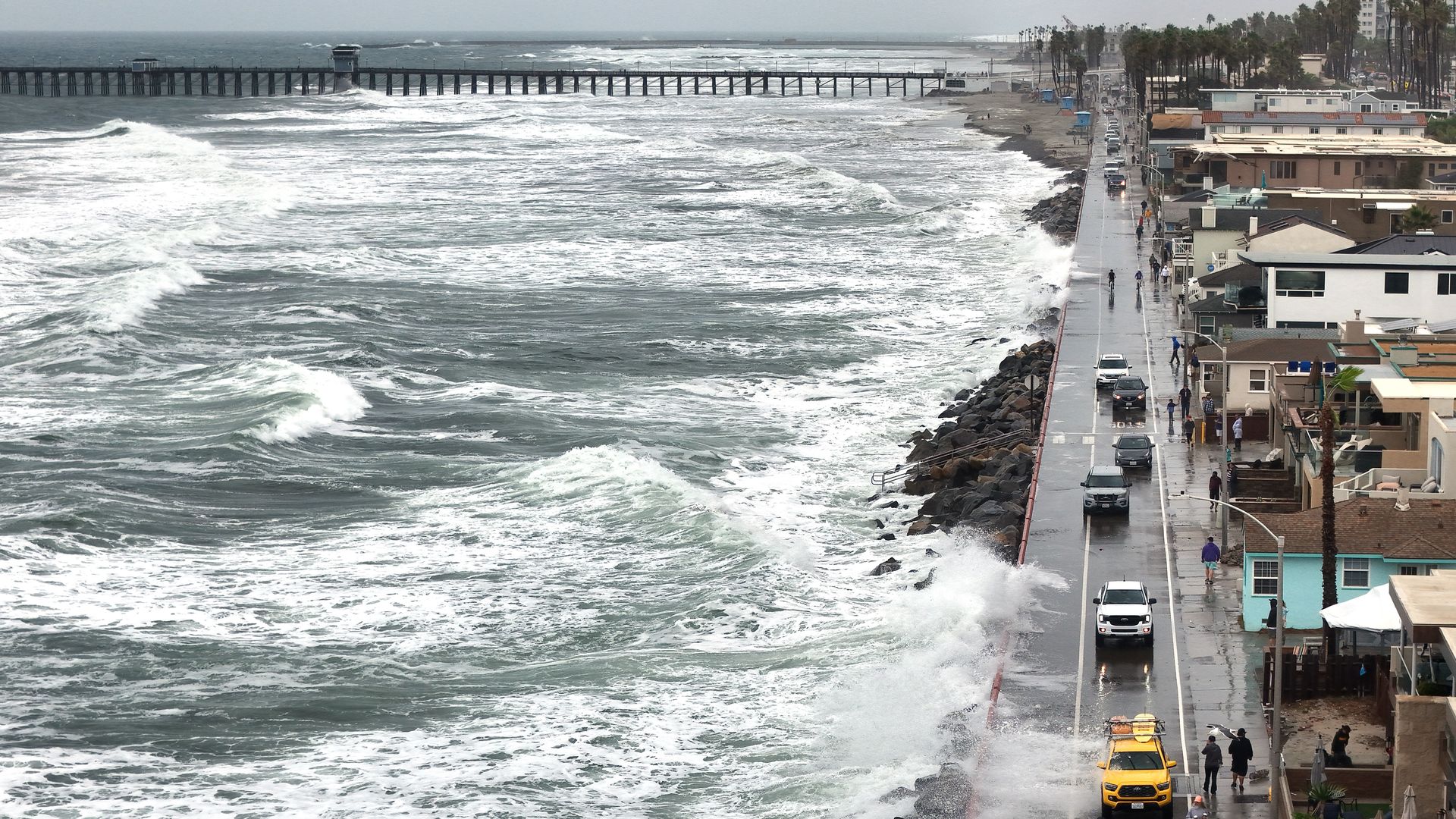 Oceanside, CA - October 11: Waves break along The Strand during a high tide as the remnants of Tropical Storm Rachel moved through the region on October 11, 2026 in Oceanside, CA. (Photo by K.C. Alfred / The San Diego Union-Tribune via Getty Images)