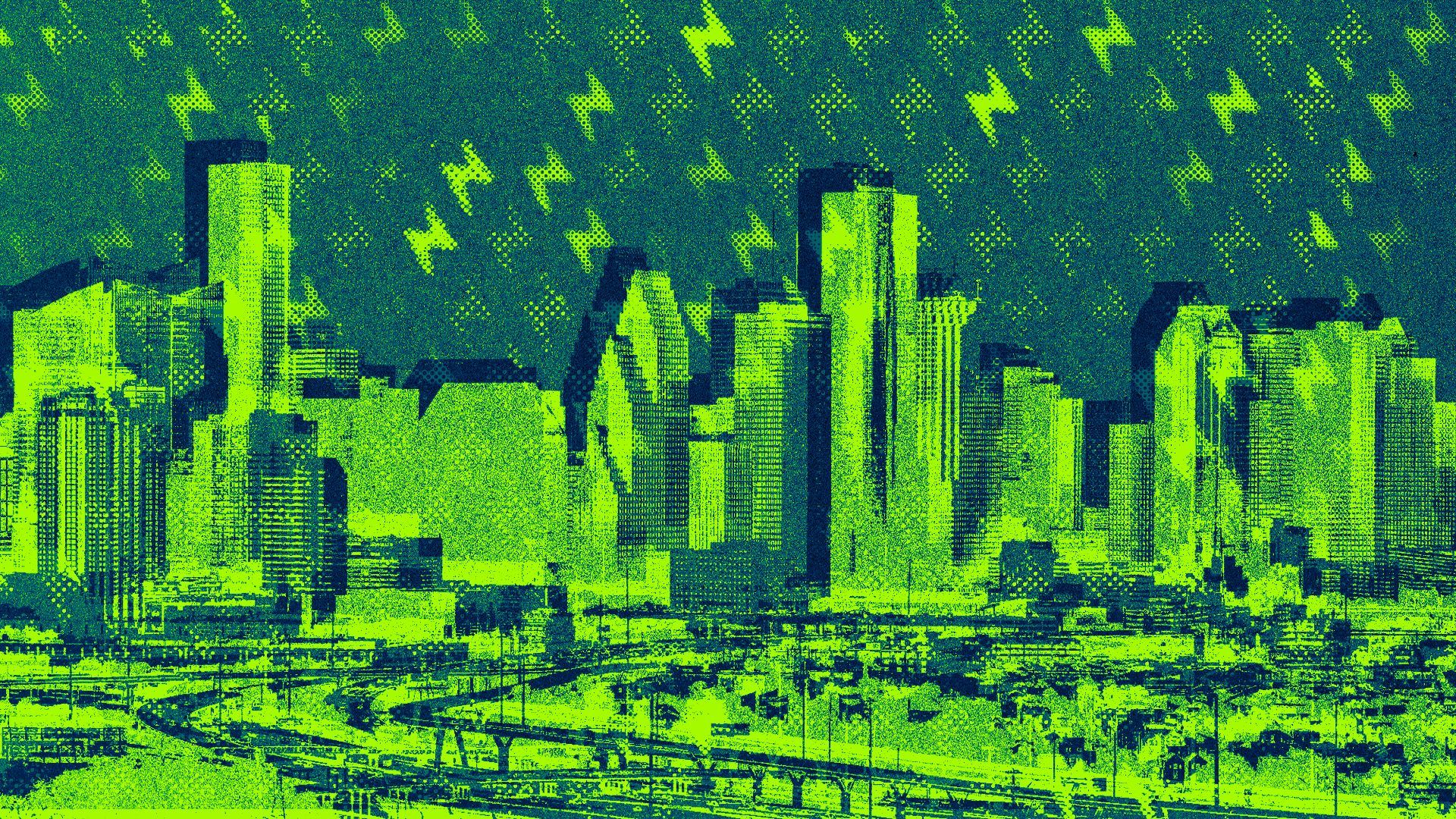 Illustration of two overlaid images of the Houston skyline with a lightning bolt pattern over them.