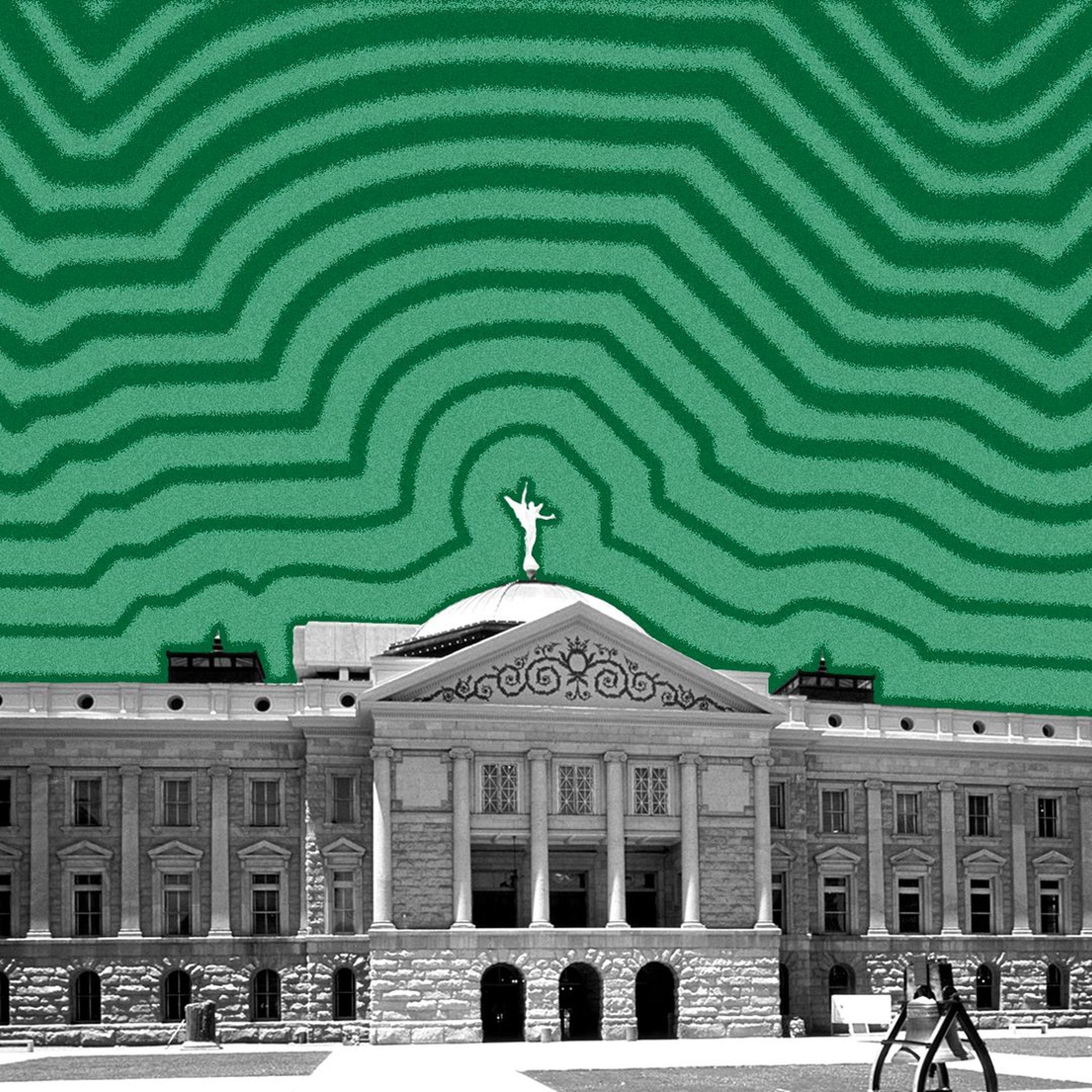 Illustration of the Arizona State Capitol with lines radiating from it.