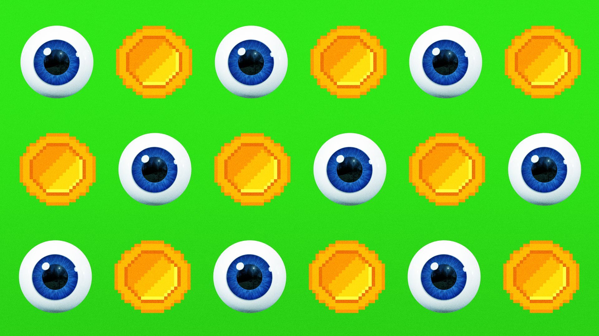 Illustration of a pattern of eyes and pixelated coins.