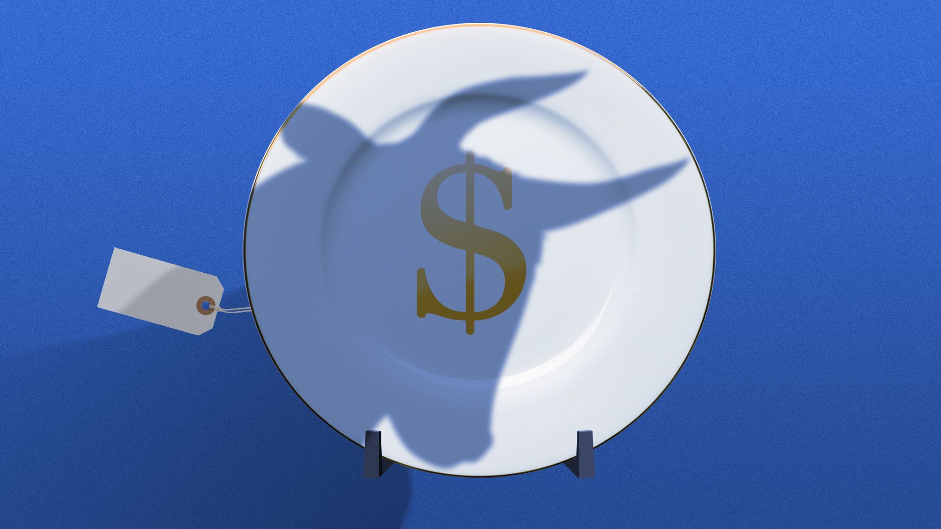 Illustration of a bull casting a shadow onto a plate in a china shop with a dollar sign in it.