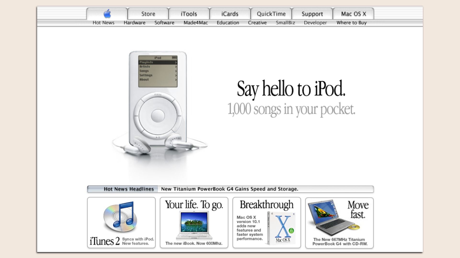 Early Apple web page showing the first iPod with the text "Say hello to iPod. 1,000 songs in your pocket."