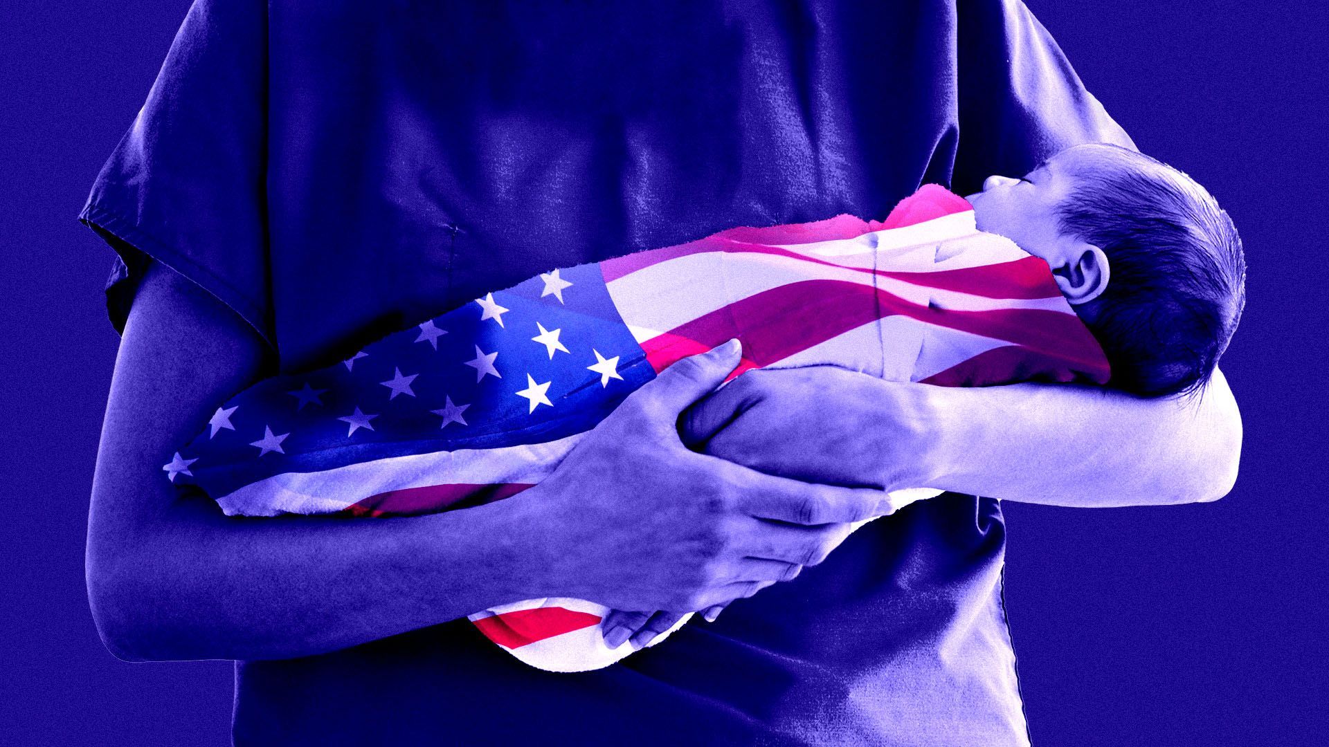 Blue-tinted image of someone holding a baby wrapped in an American flag