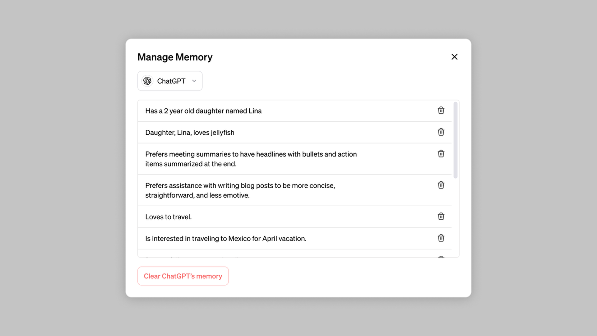 Screenshot of a we page drop down showing options for managing ChatGPT's memory 