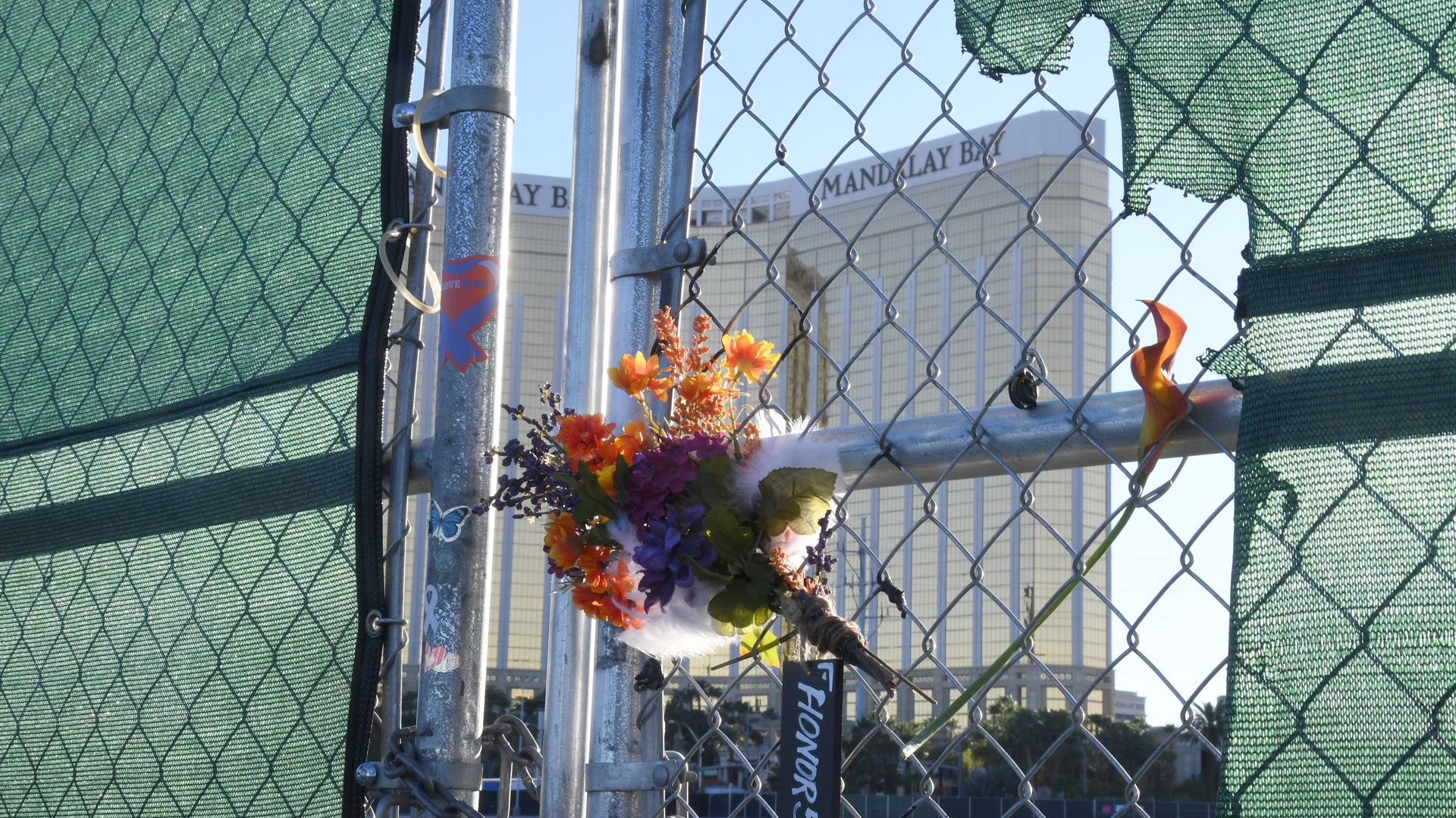 Flowers in front of the Mandala Bay hotel to remember the 2017 Las Vegas shooting victims