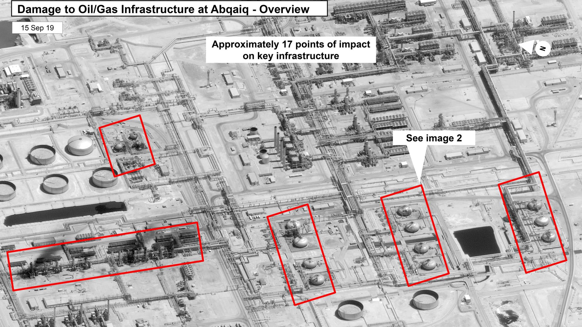 This satellite image shows damage to Saudi Aramco's Abaqaiq oil processing plant.