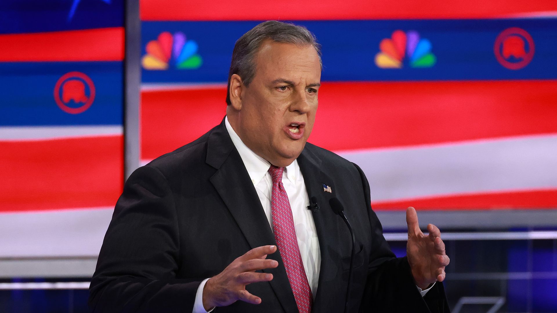 Republican presidential candidate former New Jersey Gov. Chris Christie speaks during the NBC News Republican Presidential Primary Debate at the Adrienne Arsht Center for the Performing Arts of Miami-Dade County on November 8, 2023 in Miami, Florida.