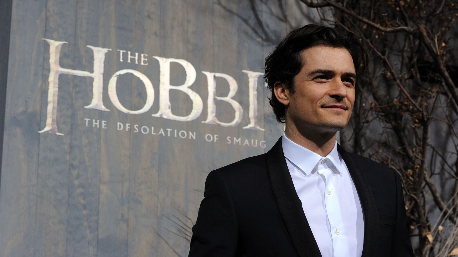 Actor Orland Bloom stands in front of a The Hobbit: The Desolation of Smaug sign in 2013