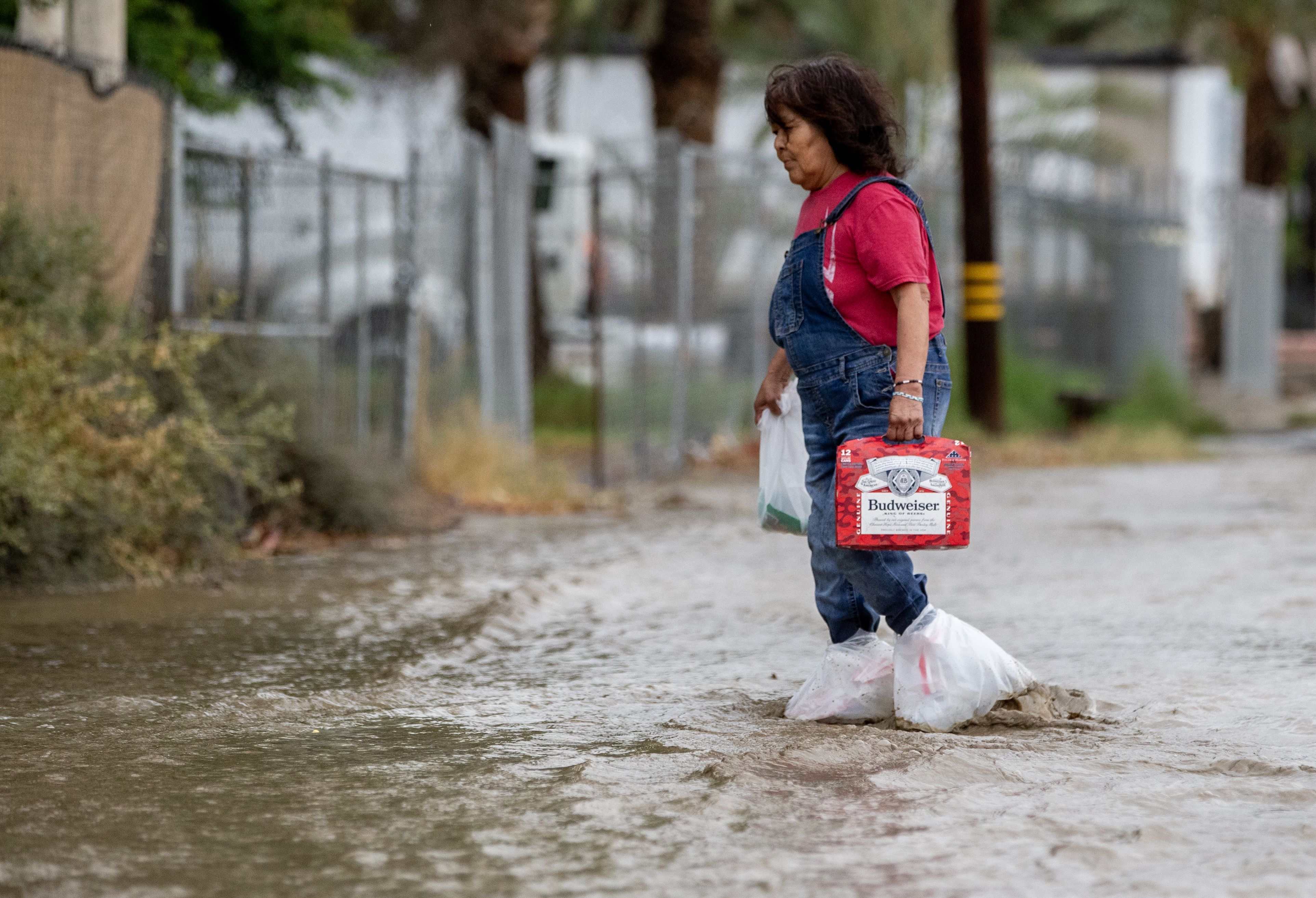 Nannie Auclair wears plastic bags on her feet as she traverses through flood waters carrying a case of Budweiser she just bought at a neighborhood market as tropical storm Hilary dumps torrential rain on the area on August 20, 2023 in Thermal, California.