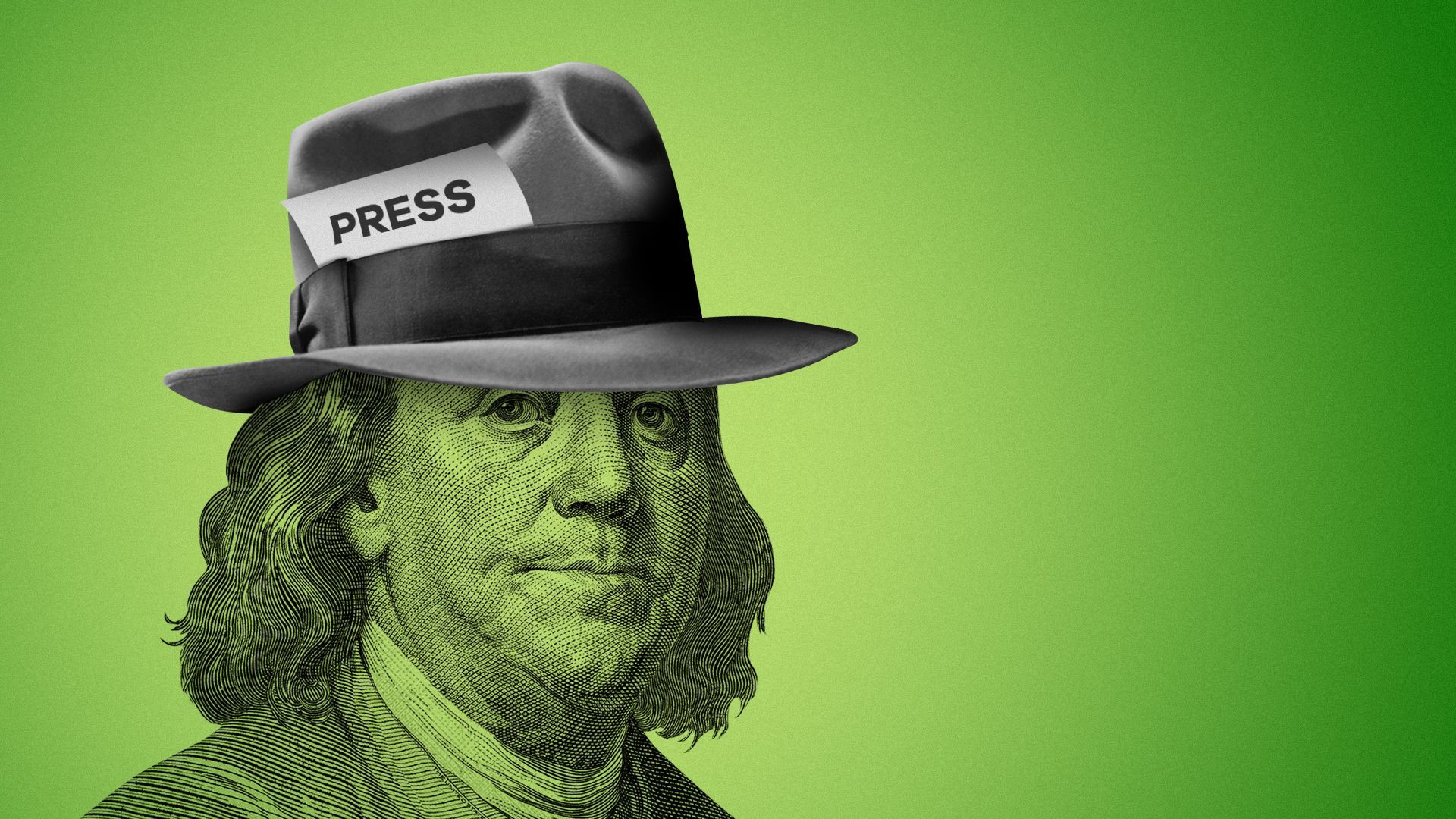 Illustration of Benjamin Franklin wearing a fedora with a "PRESS" card in the hat's band. 