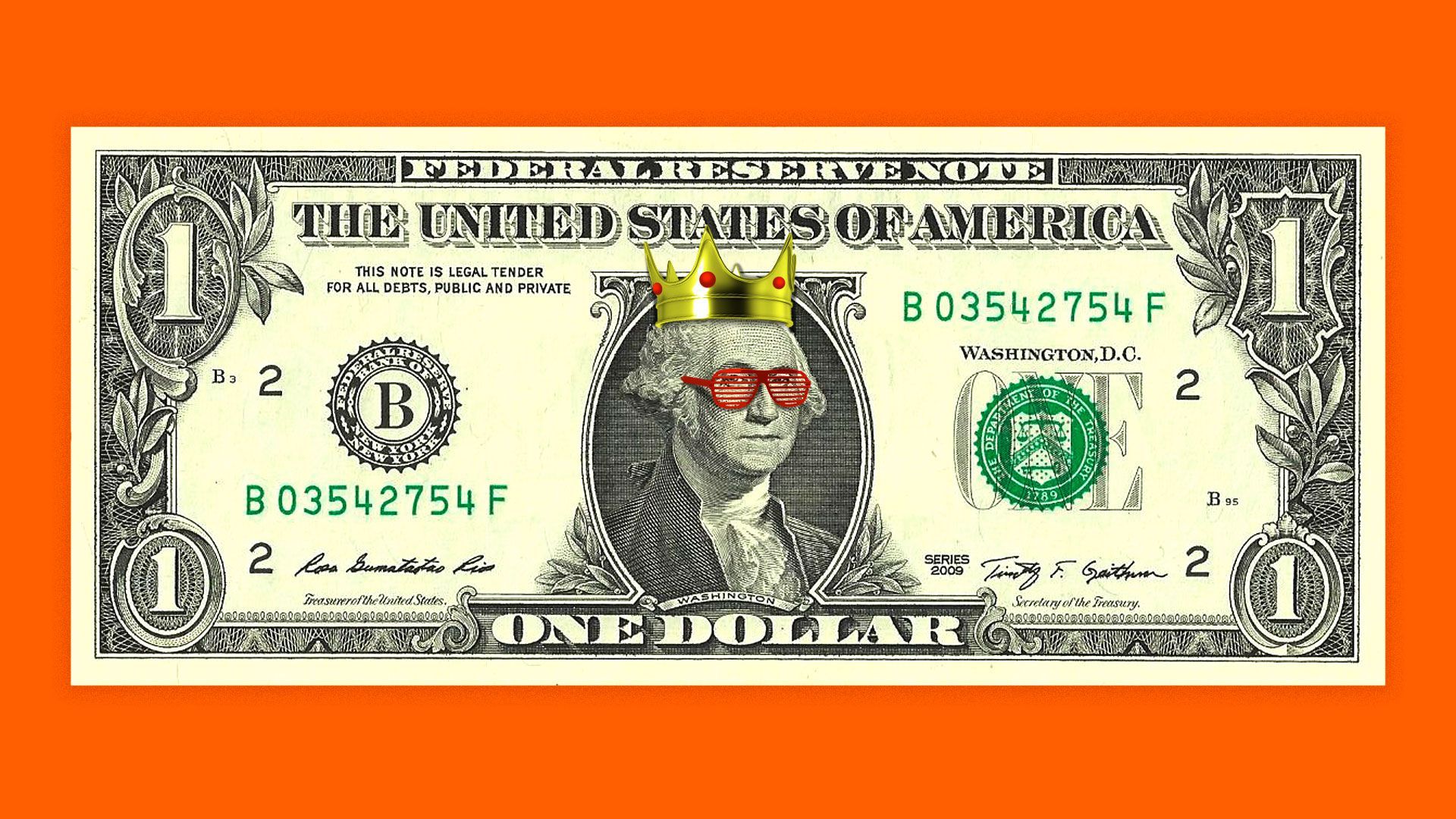 George Washington on the dollar bill wearing a crown and shutter shades