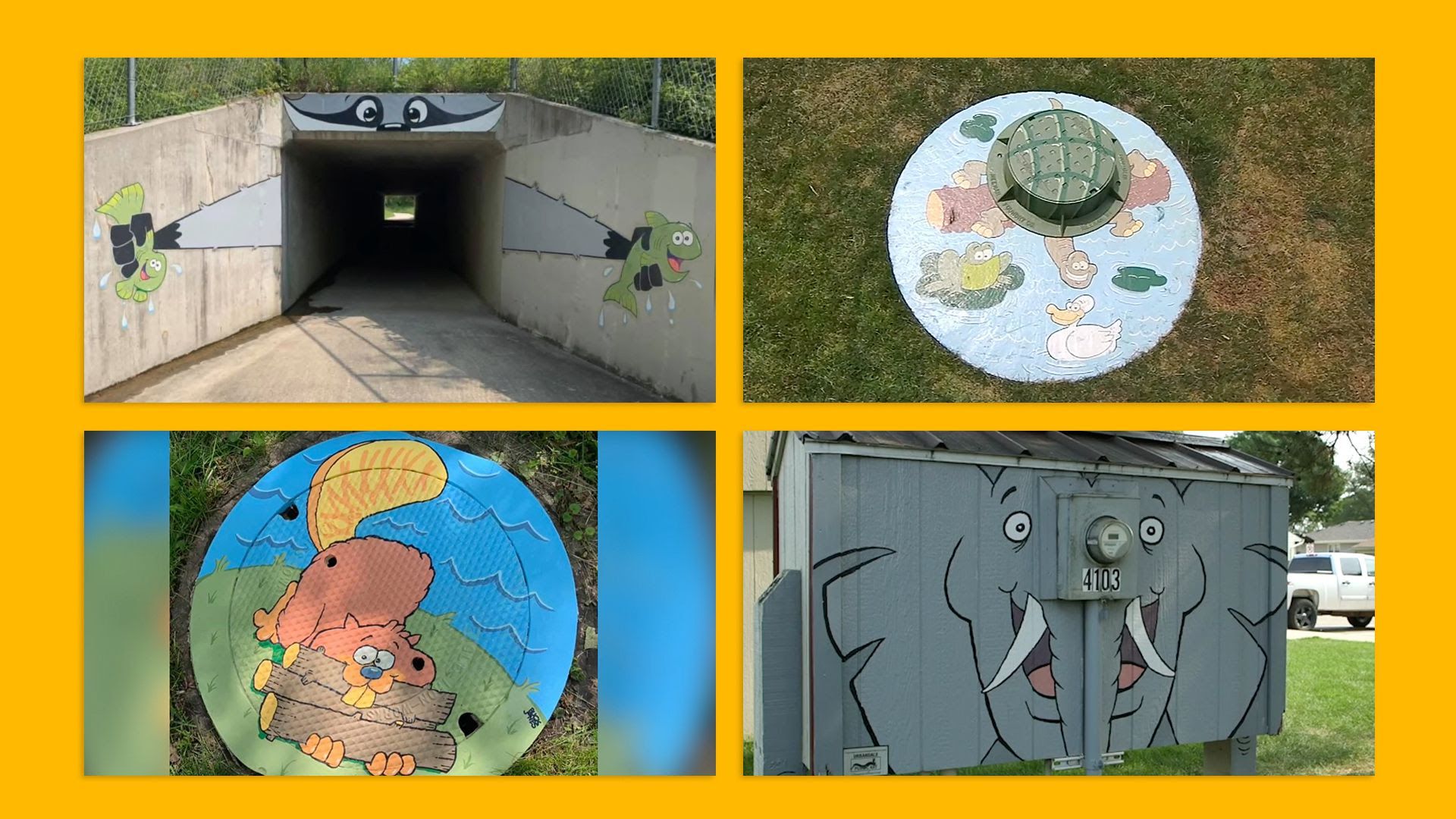 Four photos of art on drain lids, an electric meter and a tunnel in Urbandale, Iowa.