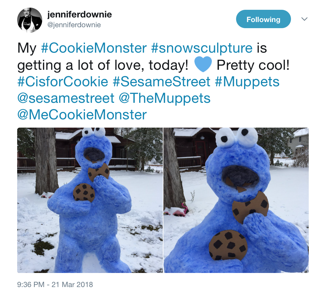 A tweet about a snowman made to look like Sesame Street's Cookie Monster