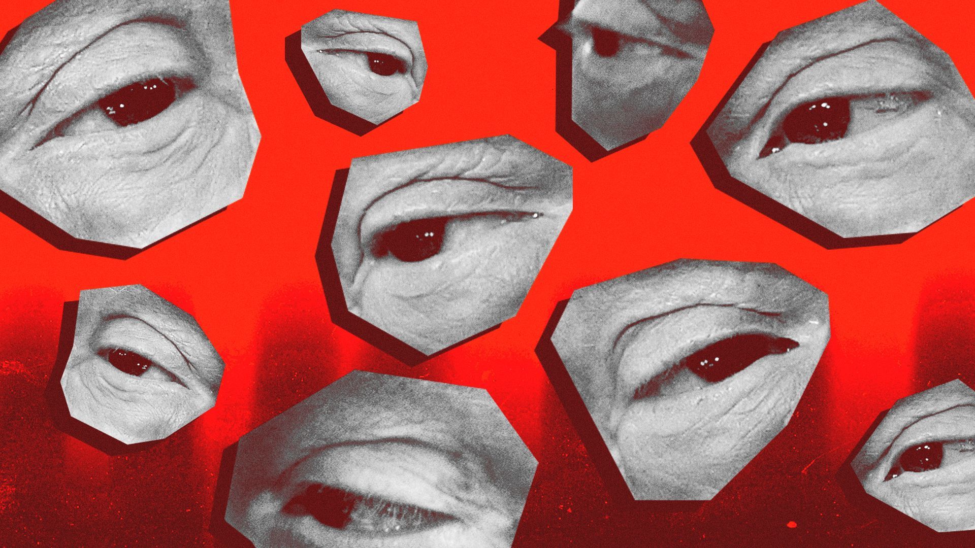 Illustration of closeups of Donald Trump's eyes looking suspicious.