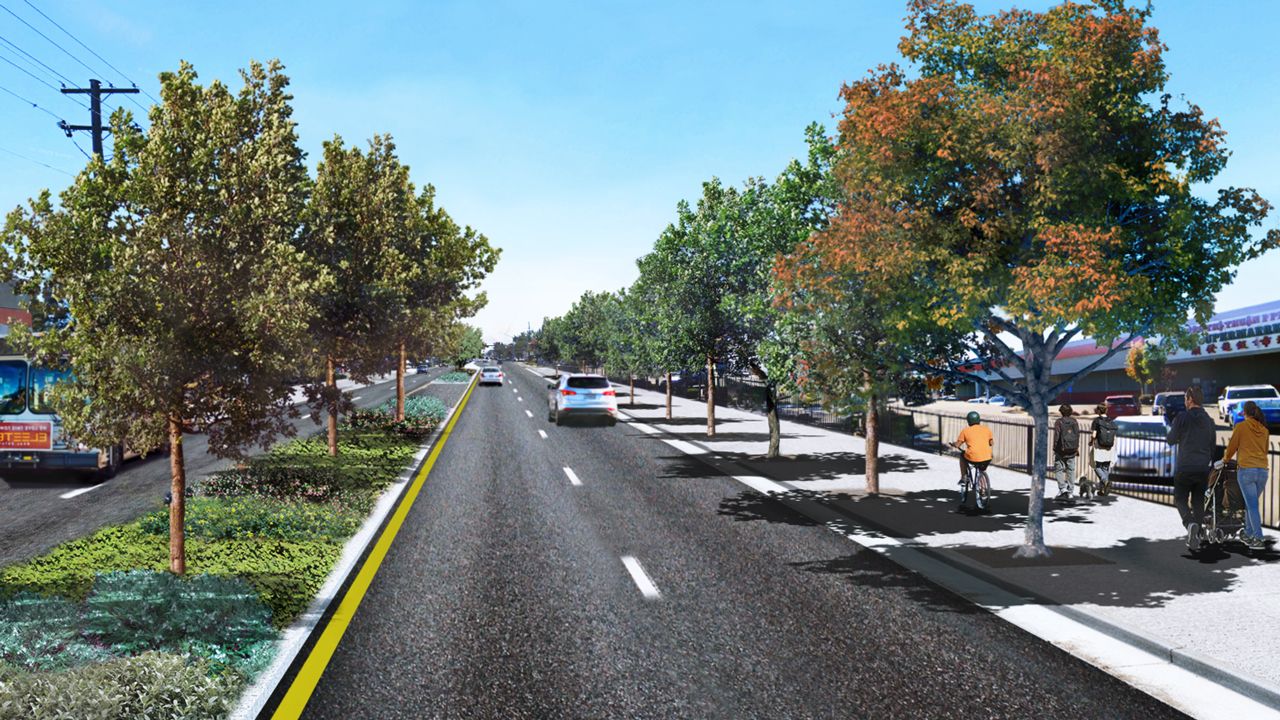A rendering showing a tree-lined street.