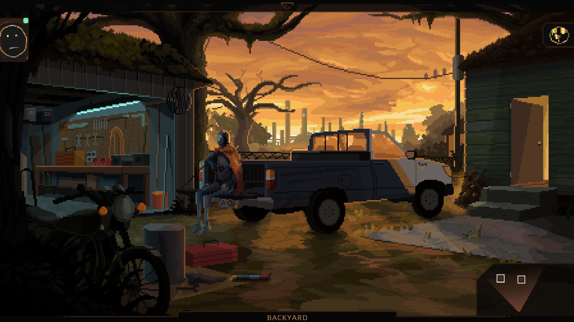 Video game screenshot of a humanoid robot sitting on the open tailgate of a pick-up truck while the sun sets behind them