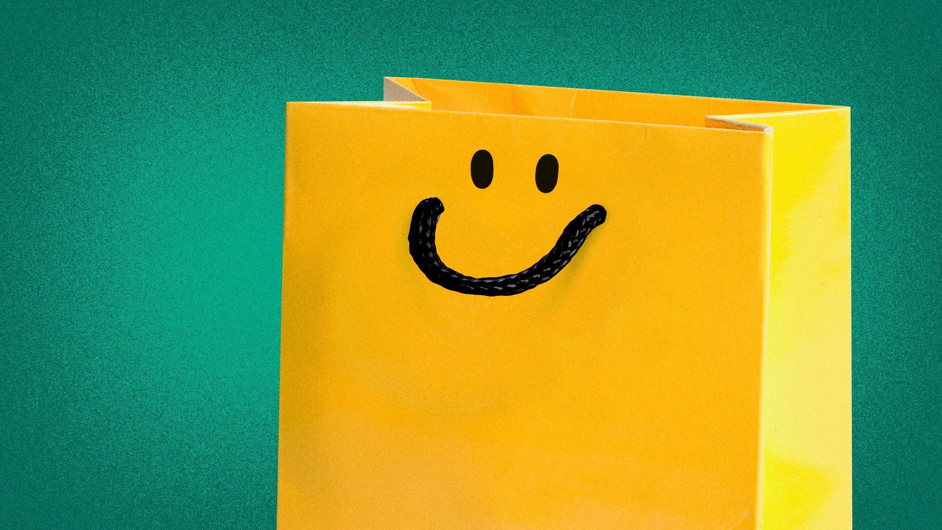 Illustration of a shopping bag with the handle becoming a smiley face. 