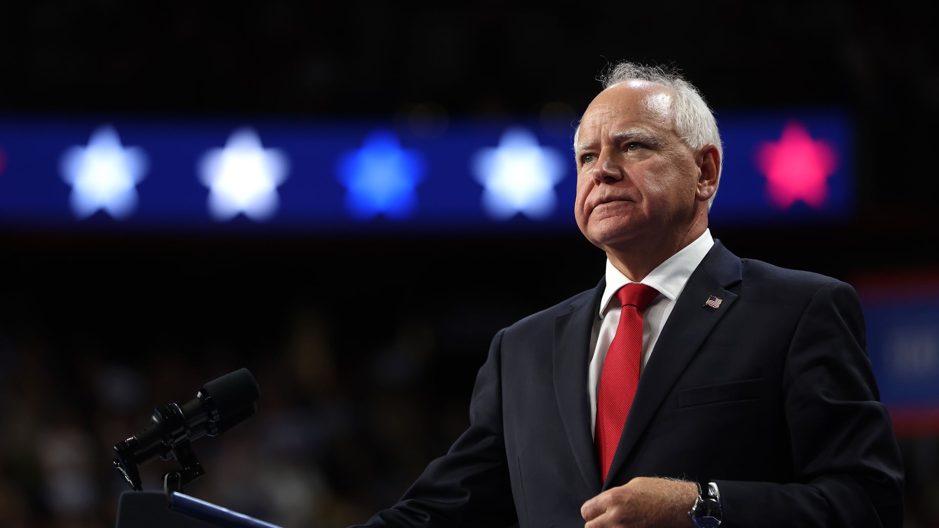 Minnesota Governor Tim Walz speaks during a campaign rally with his running mate, Democratic presidential candidate, U.S. Vice President Kamala Harris, at the University of Las Vegas Thomas & Mack Center on August 10, 2024 in Las Vegas, Nevada. Kamala Harris and her newly selected running mate Tim W