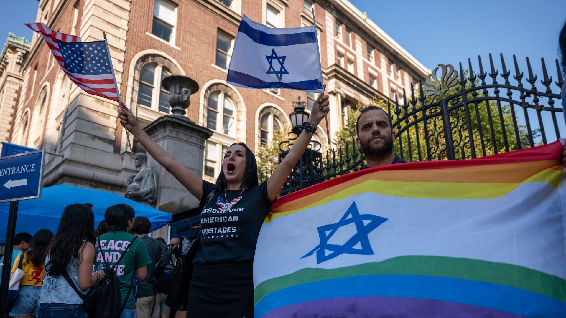A small group of pro-Israel demonstrators gather in front of Columbia University on August 27, 2024, to hold an "Unmask Campus Hate" protest at the start of the academic year in New York City. 