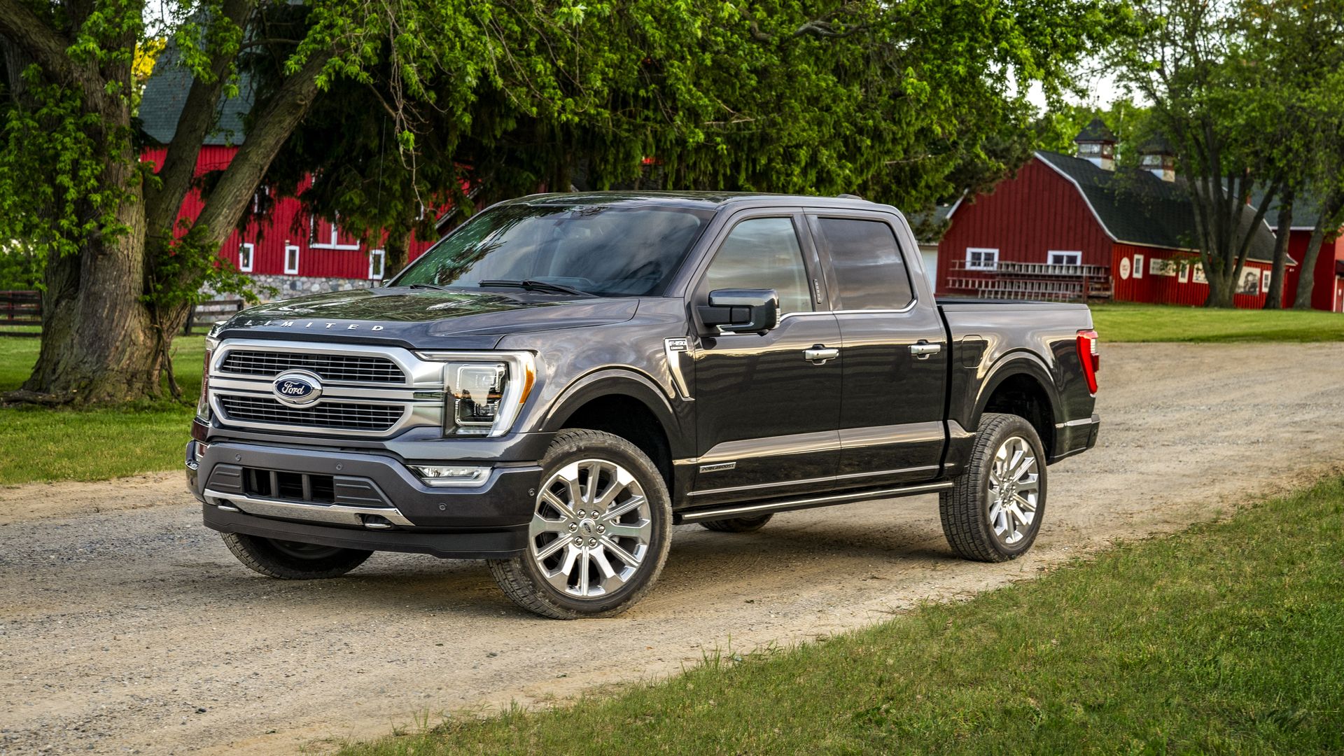 Image of Ford's 2021 F-150 pickup truck in front of a red barn