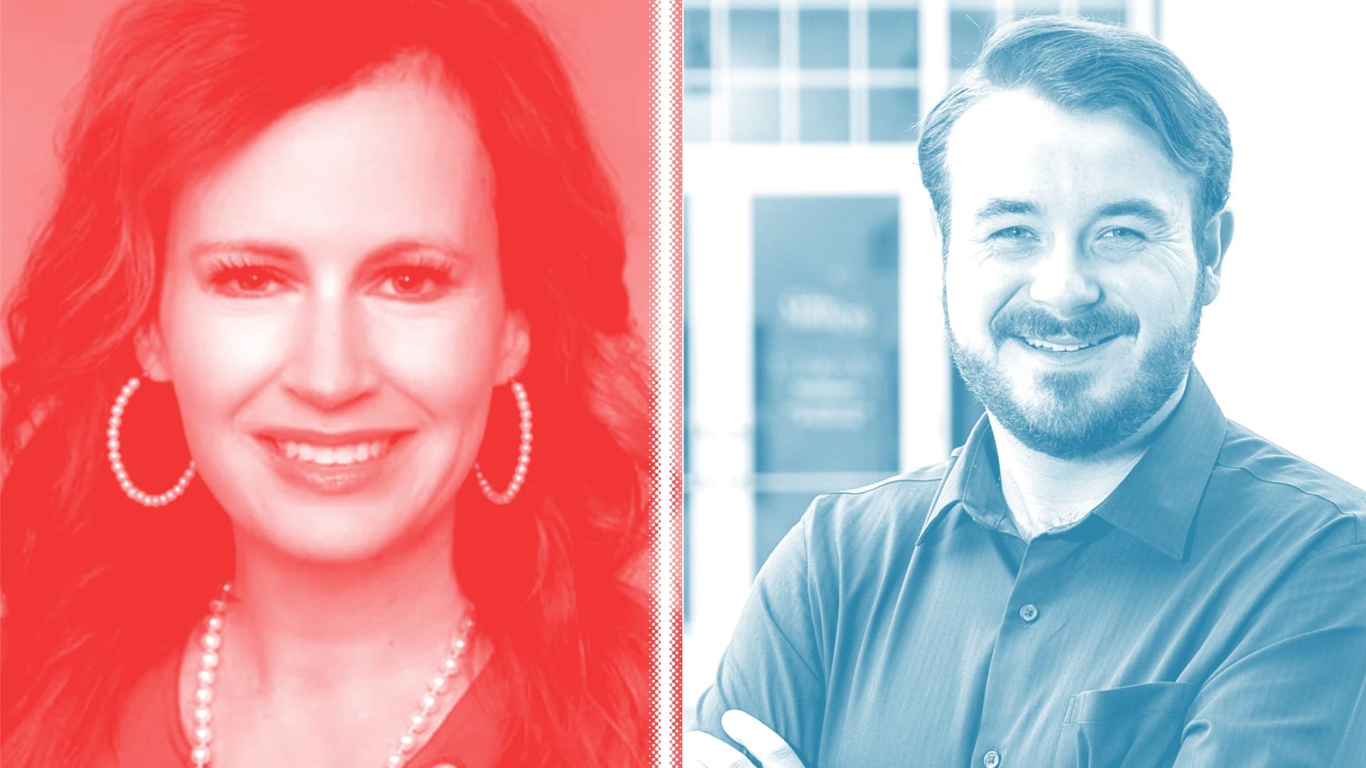 Split portrait: left side shows a smiling woman with hoop earrings and pearls in a red overlay; right side shows a smiling man with a beard in a blue overlay, with a building background.