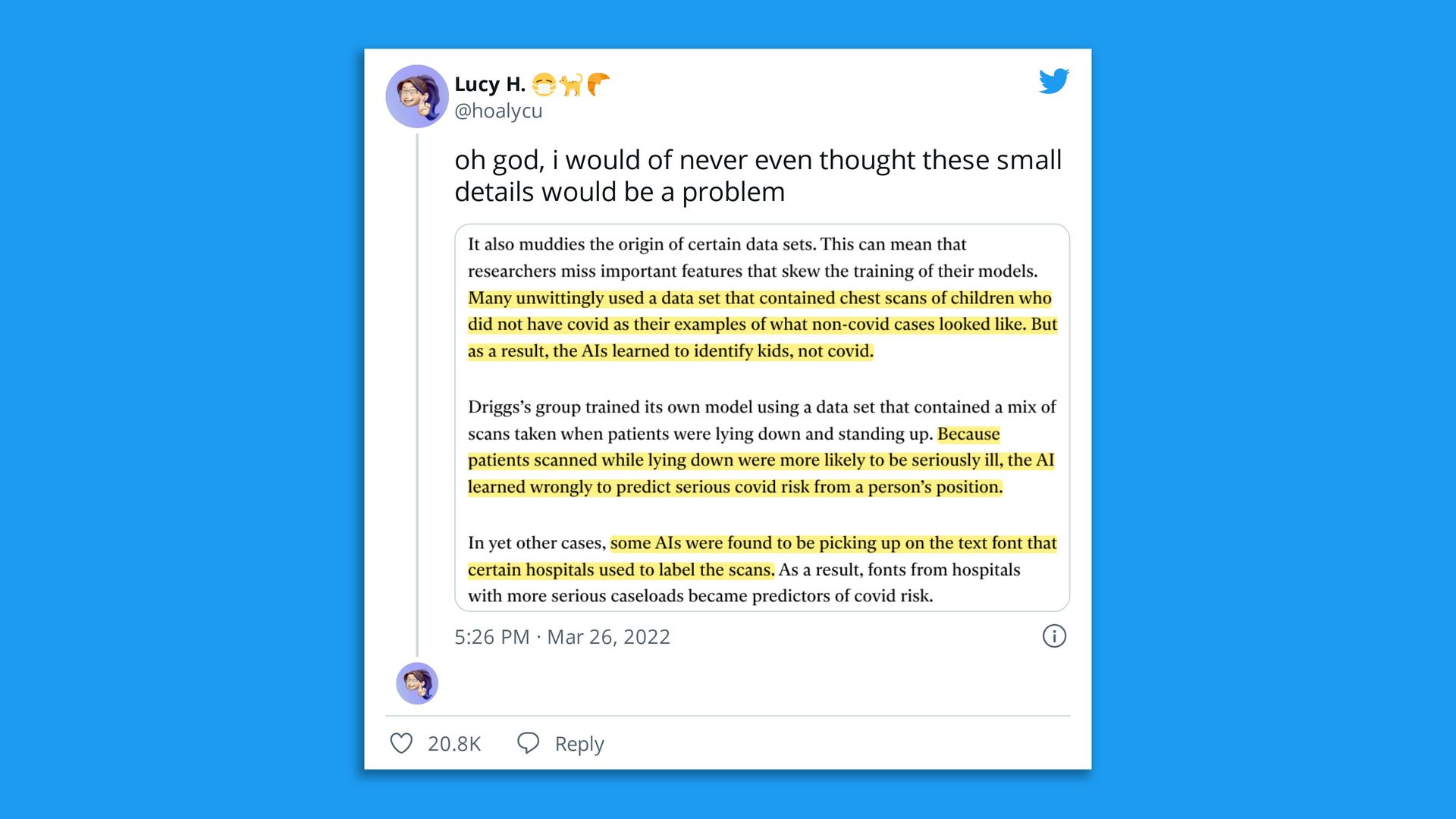 Tweet showing a screenshot from an MIT article about why AI tools for Covid haven't worked.