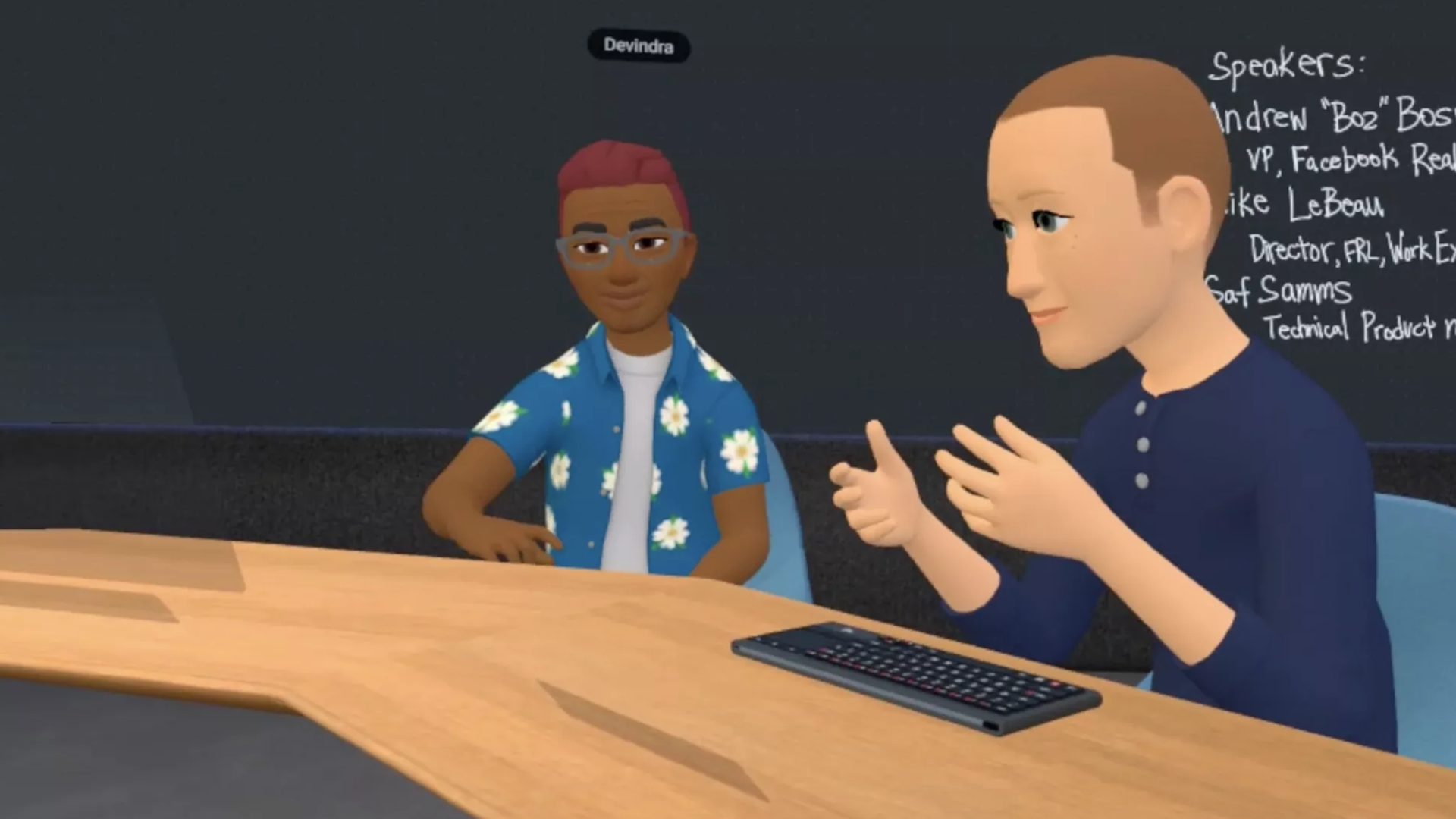 Screenshot of people as digital avatars speaking in a virtual room