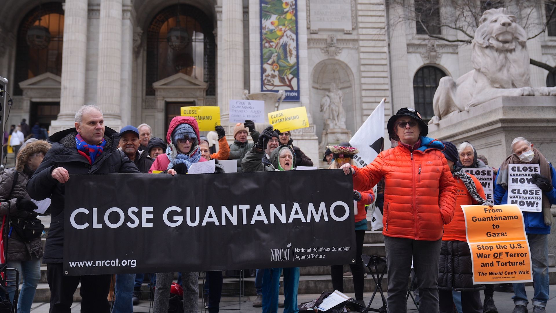 A group of peace activists gathered in at New York Public Library on Jan. 11 protest the Guantanamo Bay detention camp built on January 11, 2002 by Bush administraion after September 11 attack.