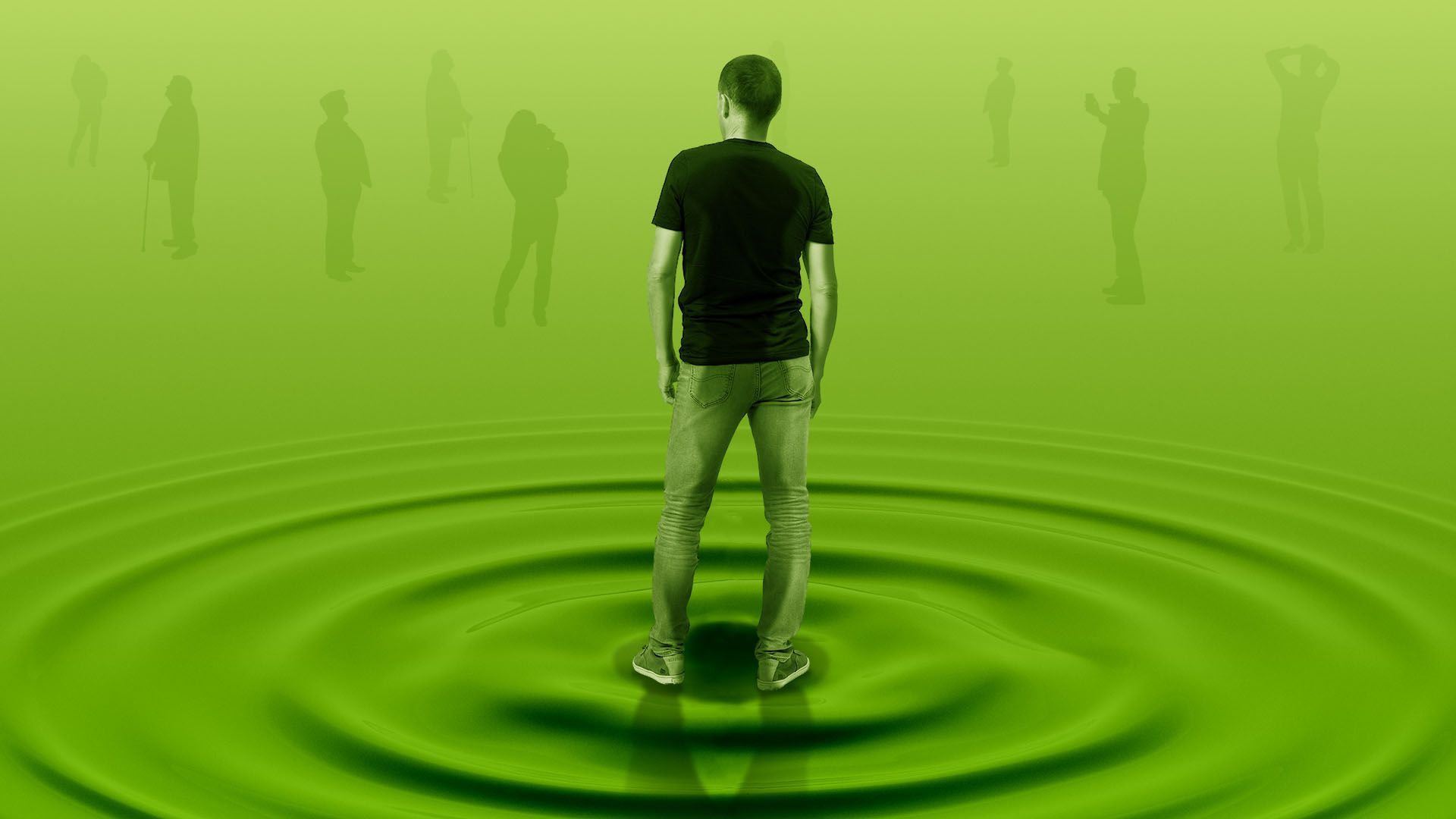 Illustration of a person from behind standing on a spreading ripple going out to figures in the distance