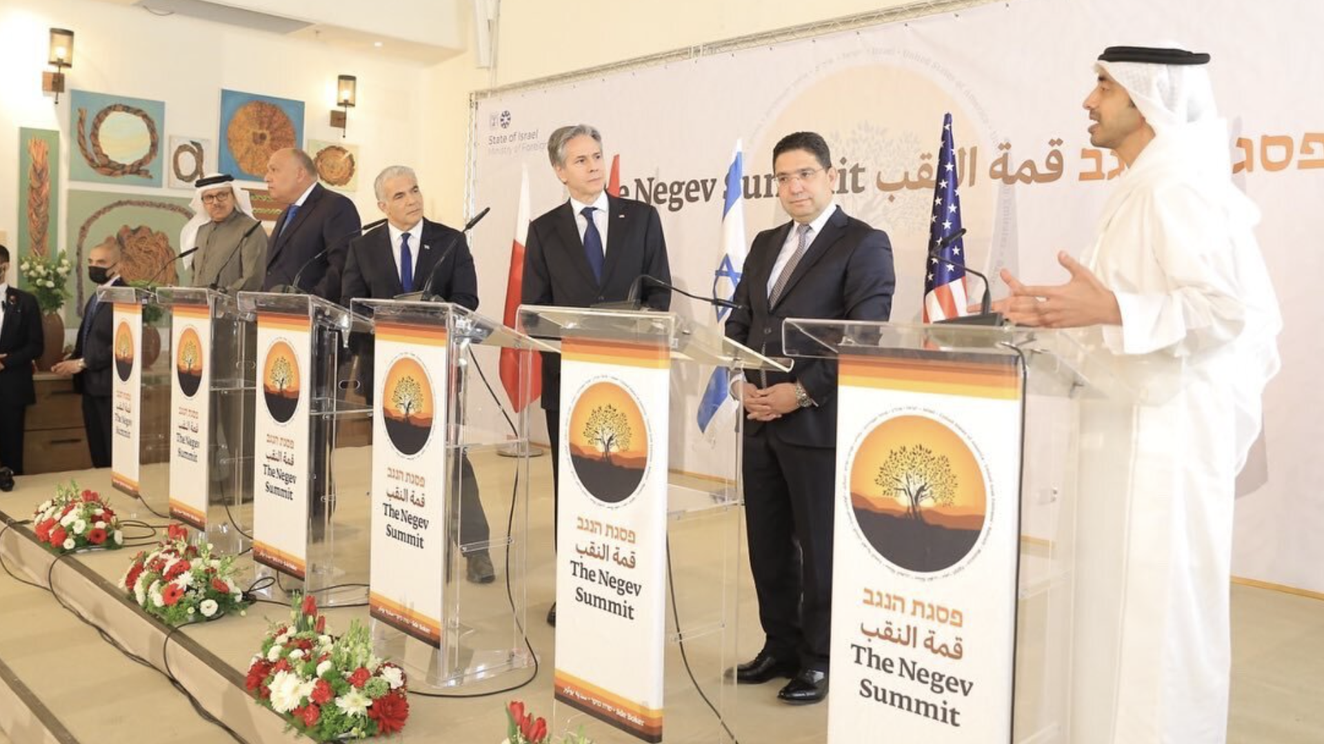 Secretary of State Tony Blinken (center) and the foreign ministers of Bahrain, Egypt, Israel, Morocco and the UAE hold a press conference at the Negev summit in Israel in March. 
