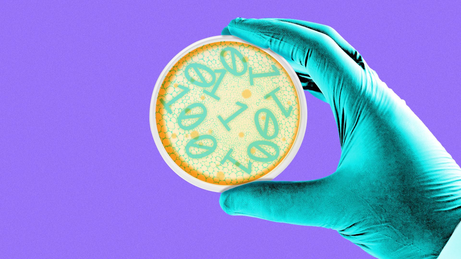 Illustration of a scientist holding a petri dish full of binary code