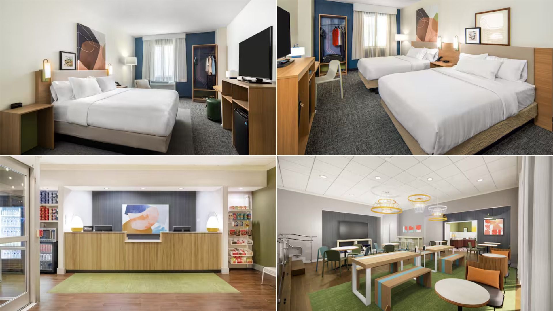 Collage of a hotel interior: two modern bedrooms with white bedding and wood furnishings, a bright lobby with reception, and a colorful dining/commons area with varied seating.