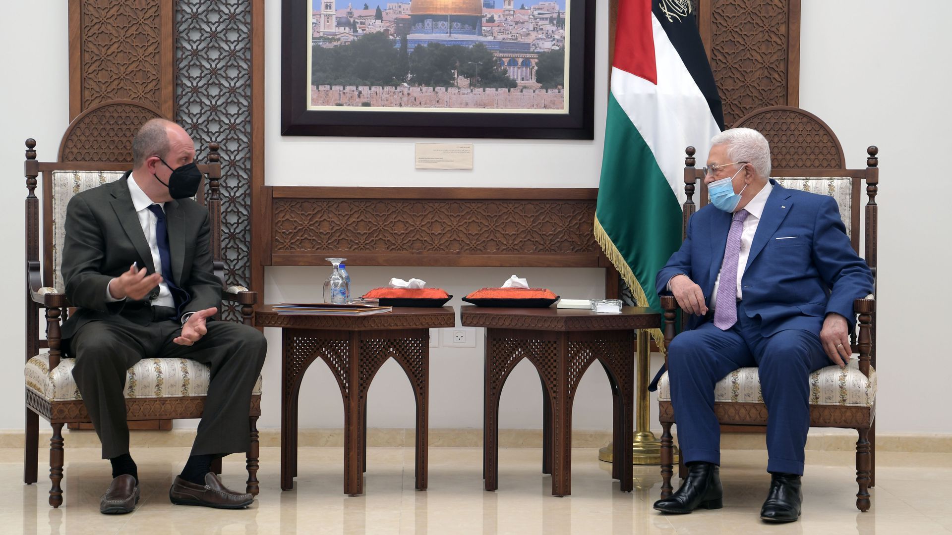 Palestinian President Mahmoud Abbas (R) meets Hady Amr (L) in the occupied West Bank city of Ramallah on May 17, 2021. Photo: Handout/Palestinian Presidency/Anadolu Agency via Getty Images)