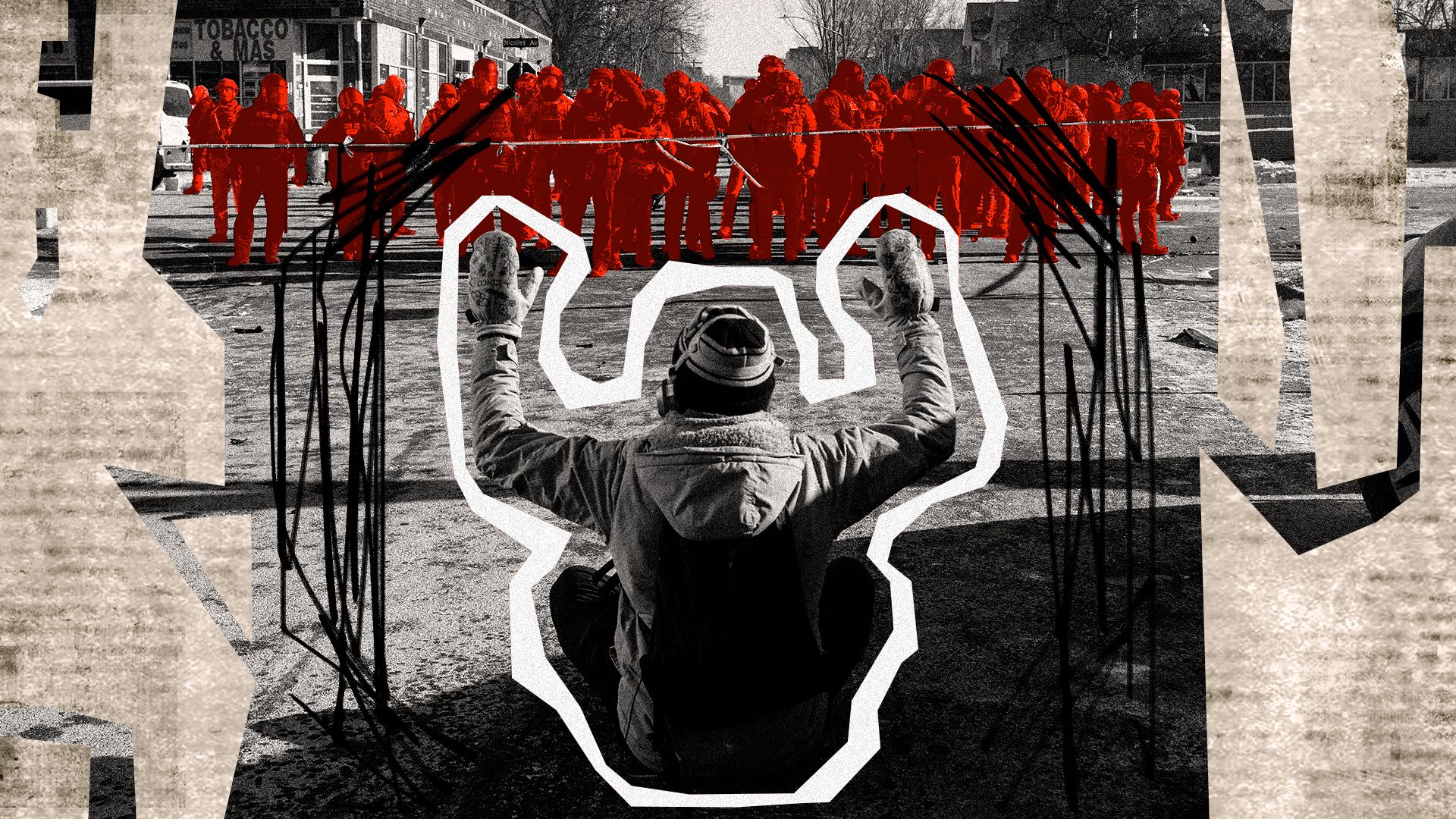 Photo illustration of a protester sitting with his arms up in front of a group of federal agents and Minneapolis Police surrounded by torn paper textures, marker scribbles and gradient overlays. 